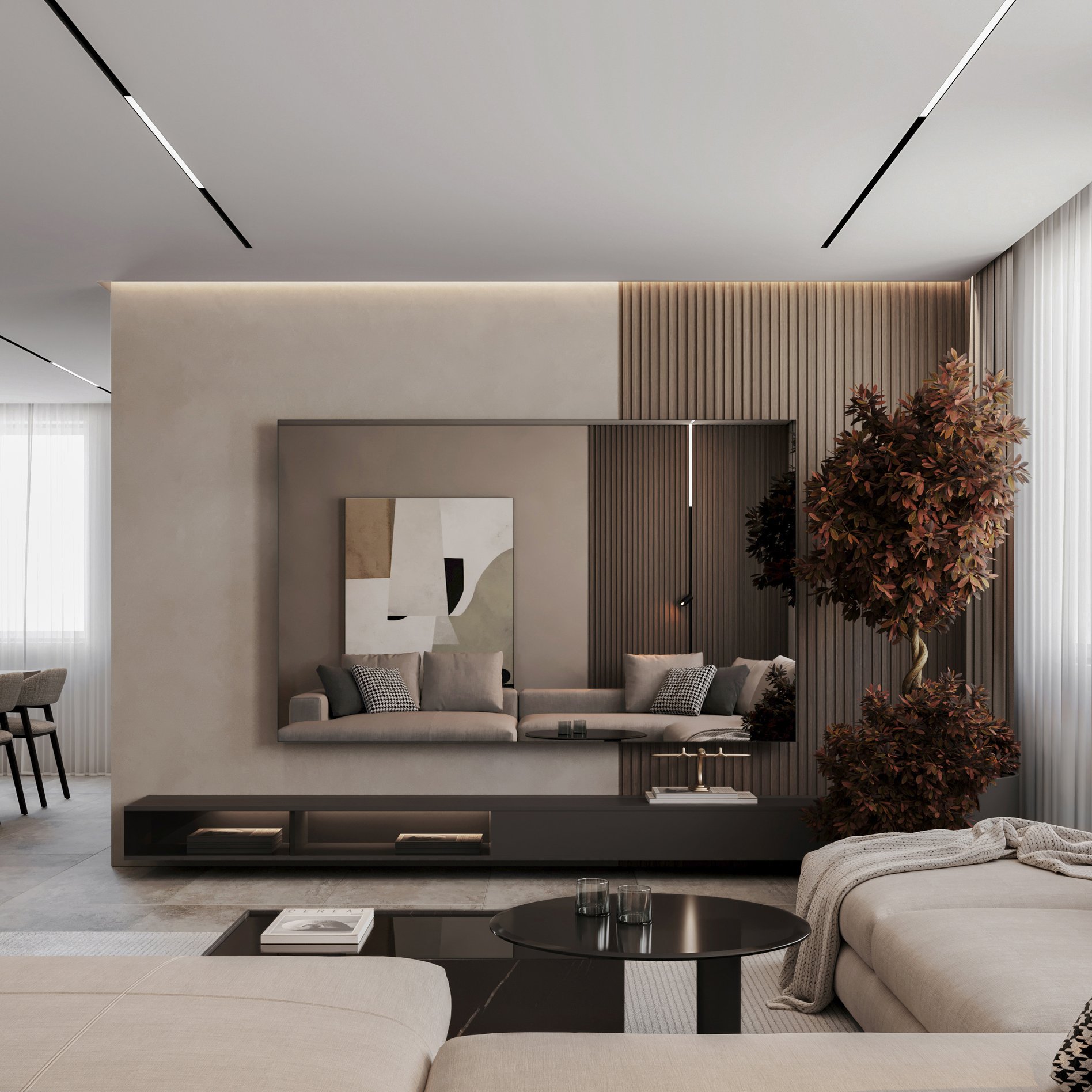 Modern living room featuring a floating media unit with integrated storage and decorative indoor plants.