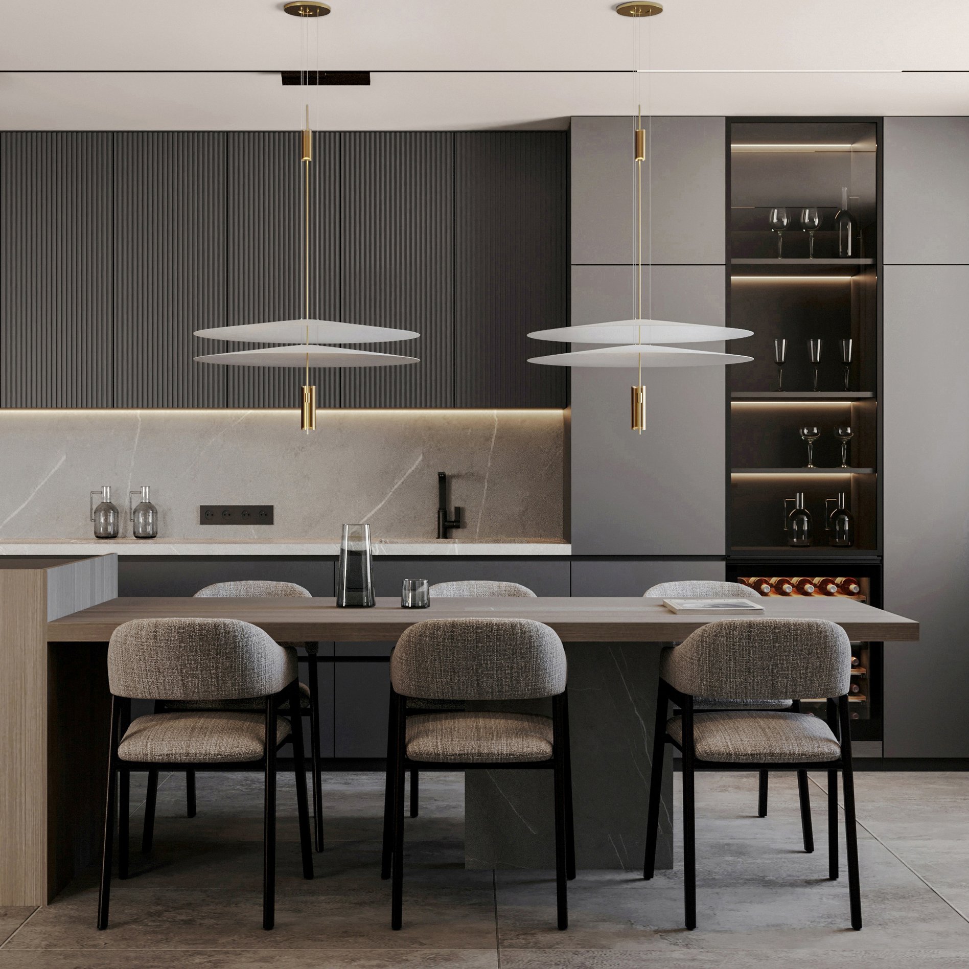 Open-plan kitchen and dining area with designer pendant lights, grey upholstered chairs, and built-in wine storage.