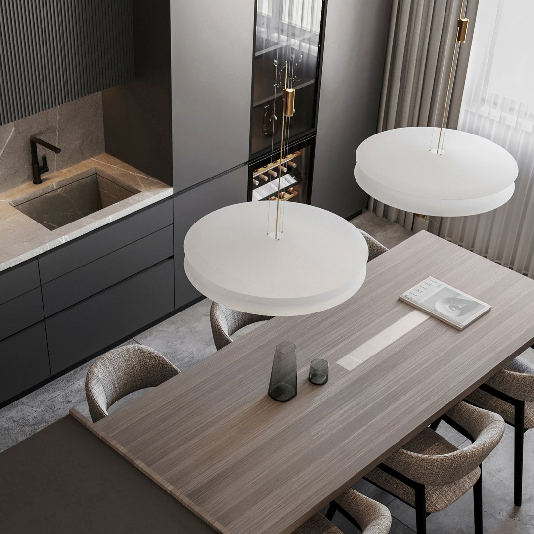 Close-up of dining area showing wooden table, grey chairs, and built-in kitchen storage with wine display.
