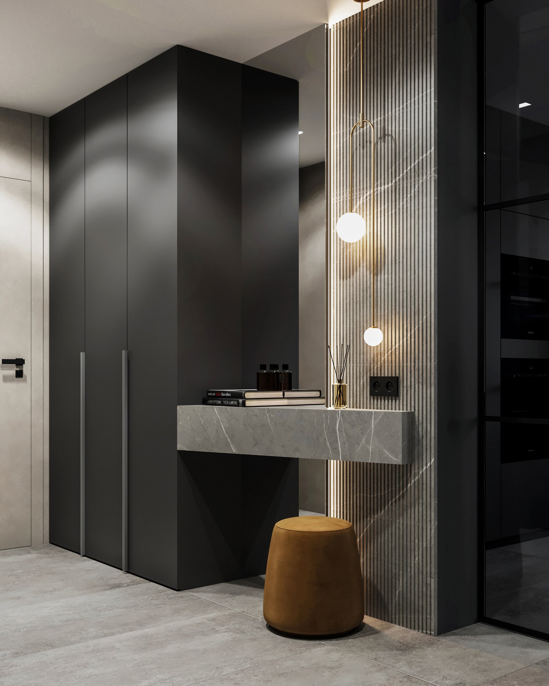 Minimalist entryway featuring grey wardrobes, marble floating shelf, and designer globe wall lights with wooden slat detail.