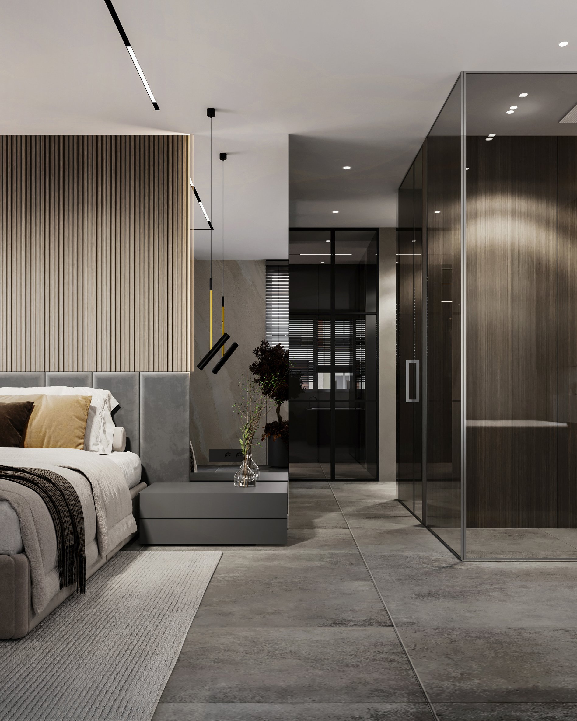 Modern bedroom with wooden slat wall panels, black pendant lights, and built-in glass wardrobes.