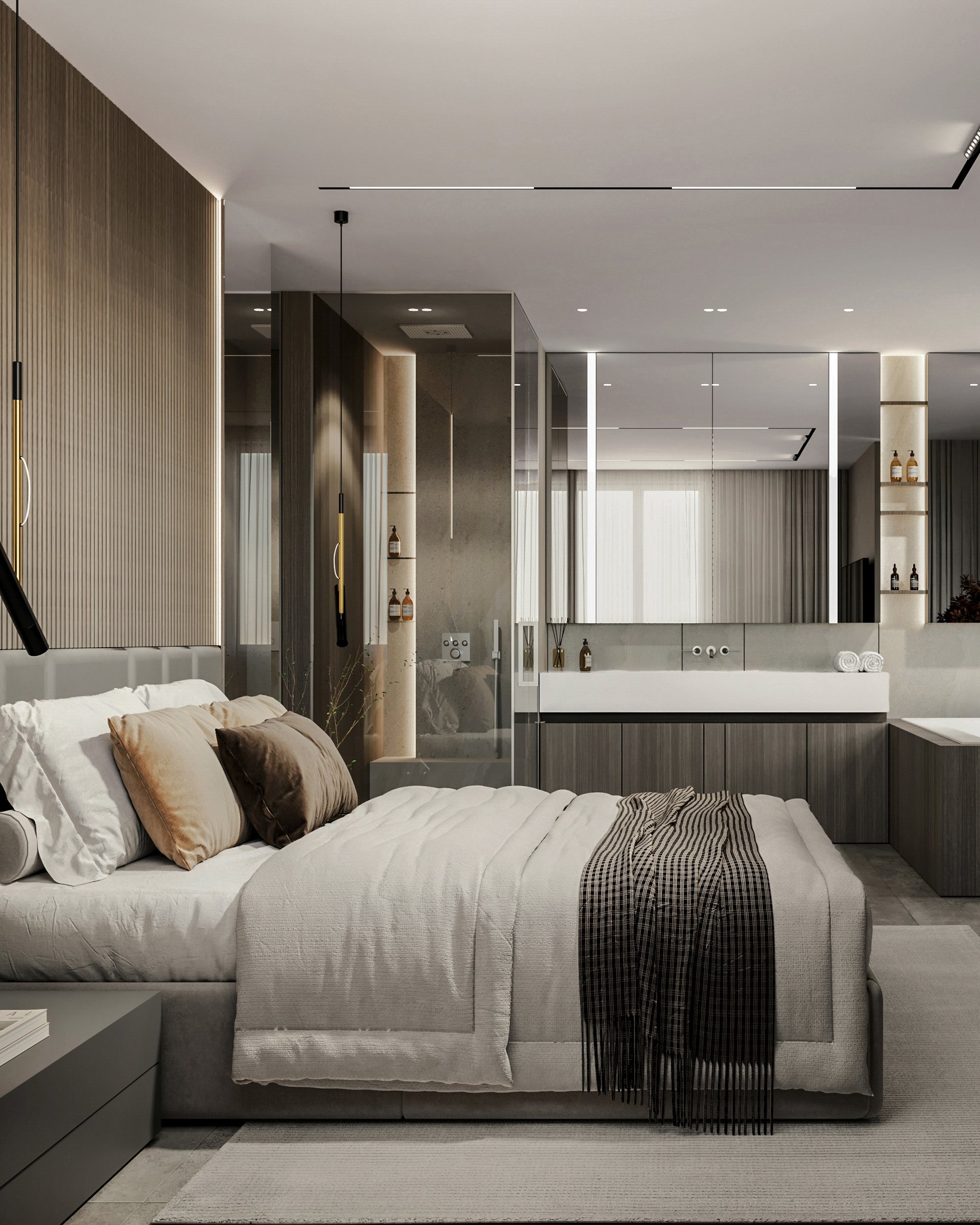 Master bedroom featuring integrated bathroom, wooden wall panels, and custom storage solutions with ambient lighting.