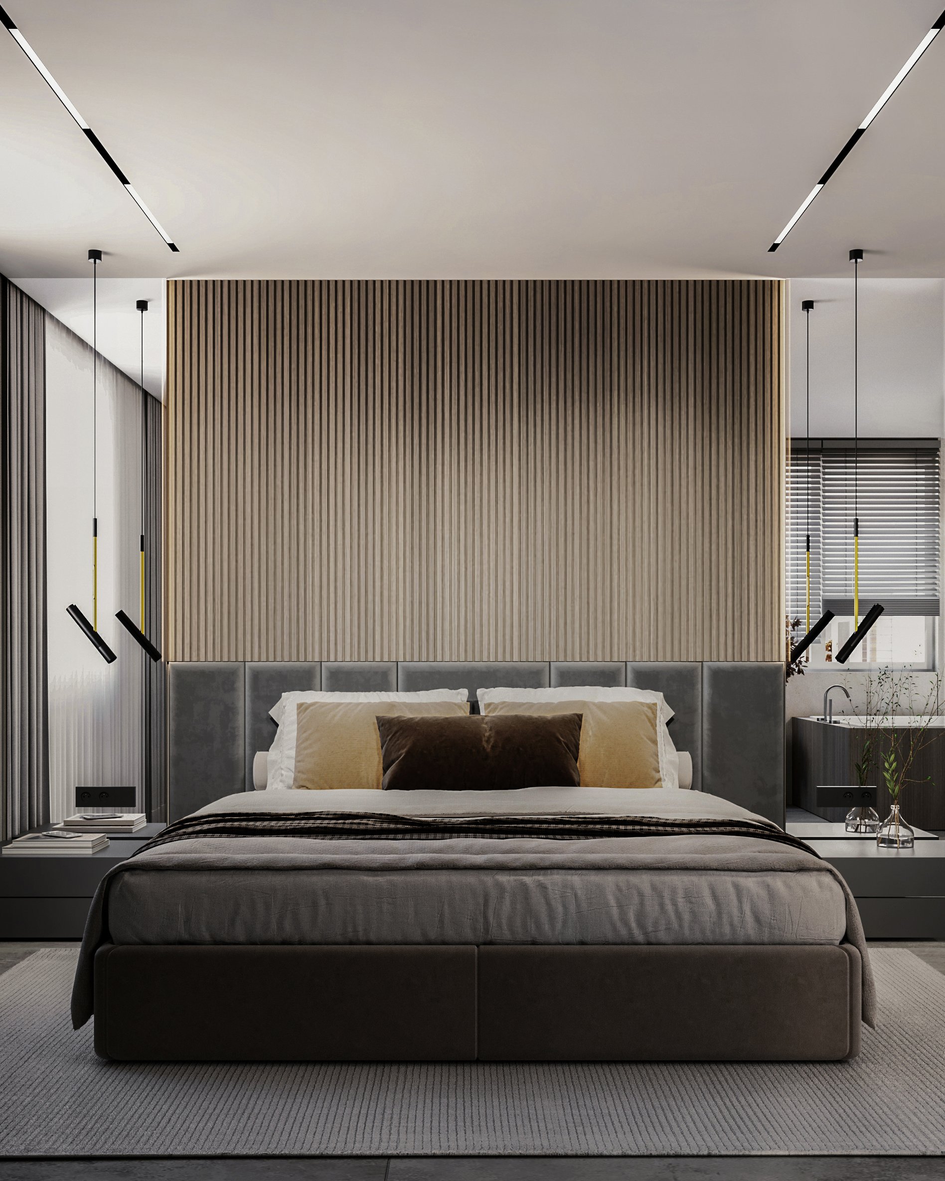 Master bedroom featuring wooden slat wall panels, designer pendant lights with gold accents, and upholstered headboard with built-in nightstands.