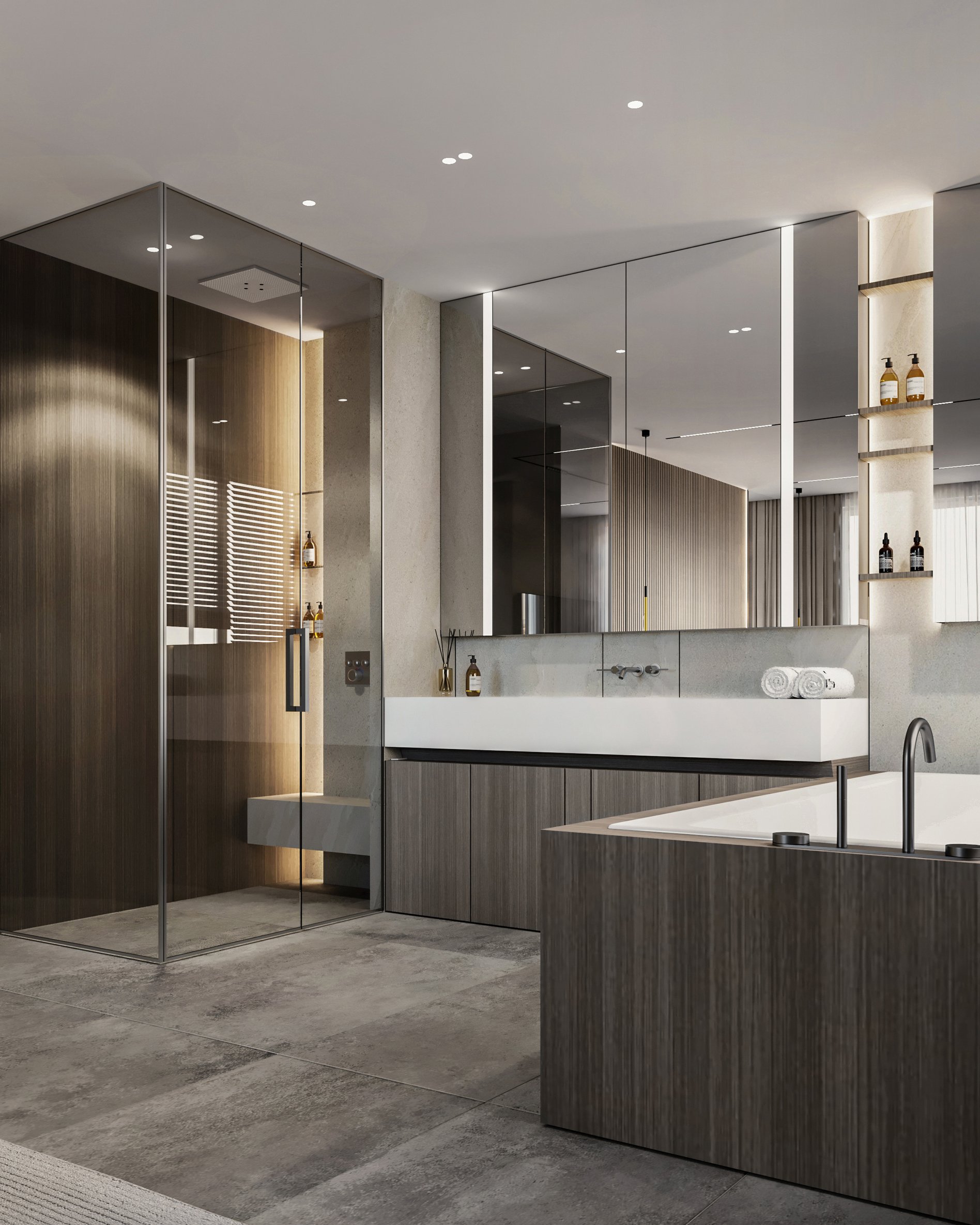 Modern bathroom with glass-enclosed shower, wooden vanity cabinets, and full-width mirror with integrated lighting.