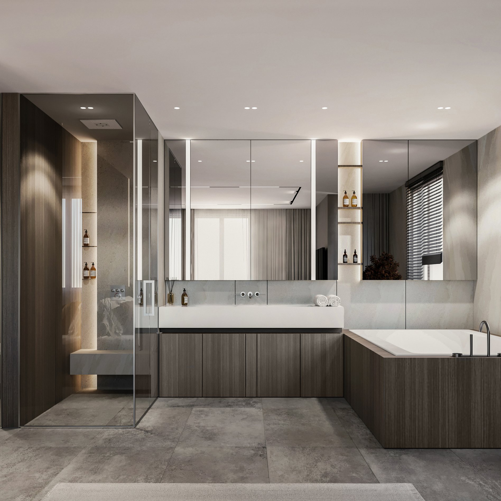 Contemporary bathroom featuring wooden cabinetry, built-in bathtub, and large mirror wall with ambient lighting and display niches.