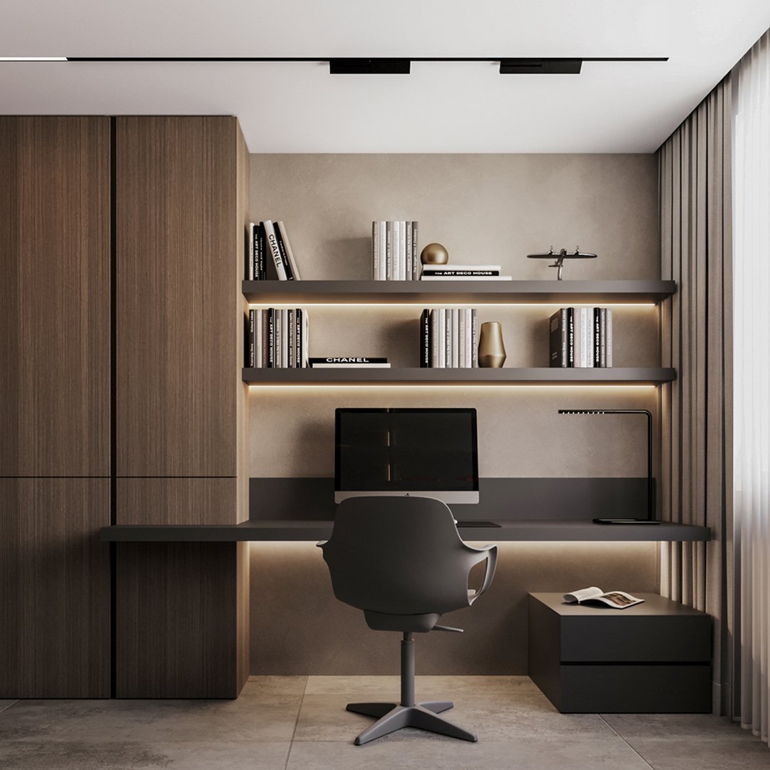 Elegant dressing area with illuminated mirror, built-in jewelry storage compartments, and leather ottoman seating.