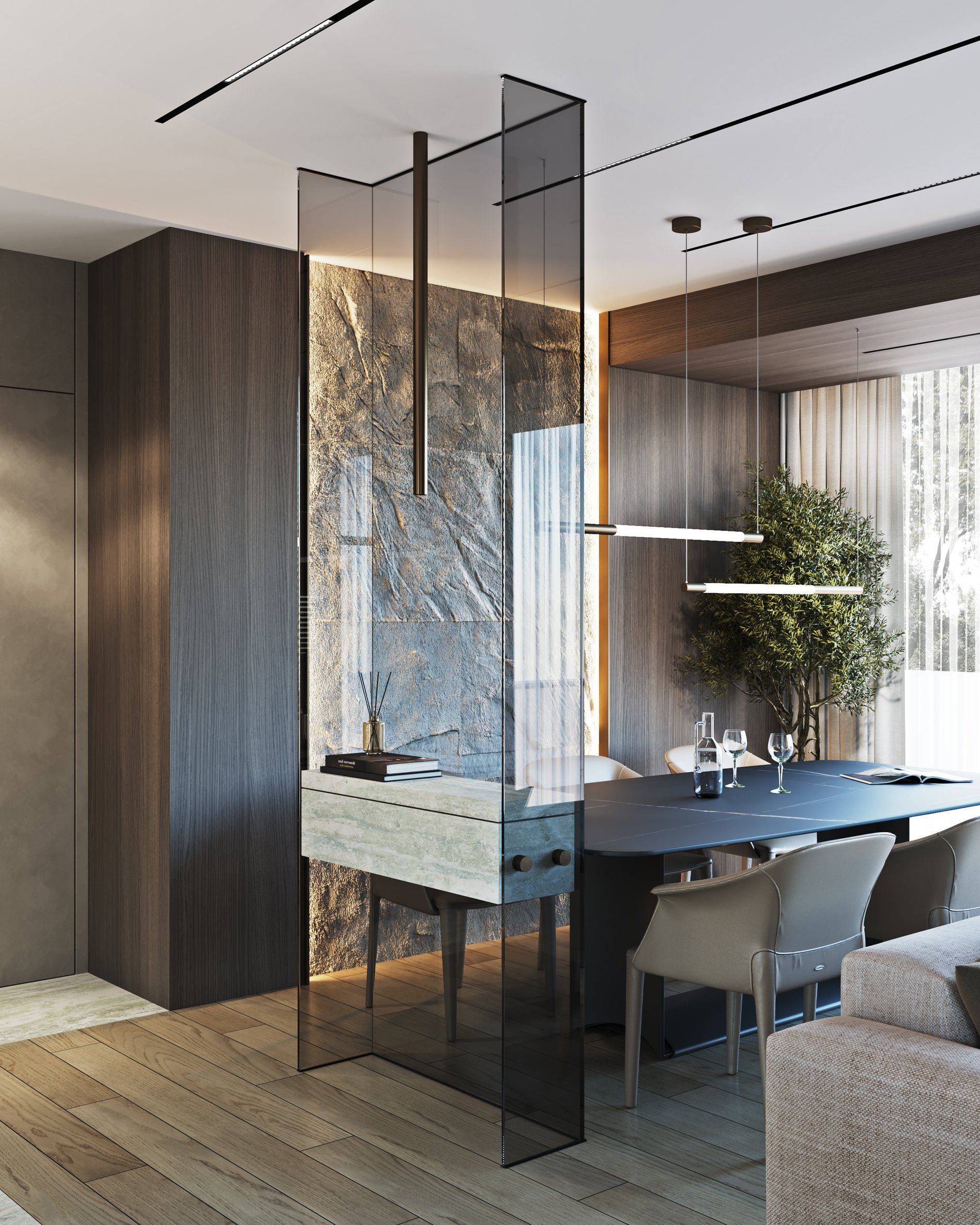 Dining area with smoked glass partition, modern pendant lights, and leather dining chairs.