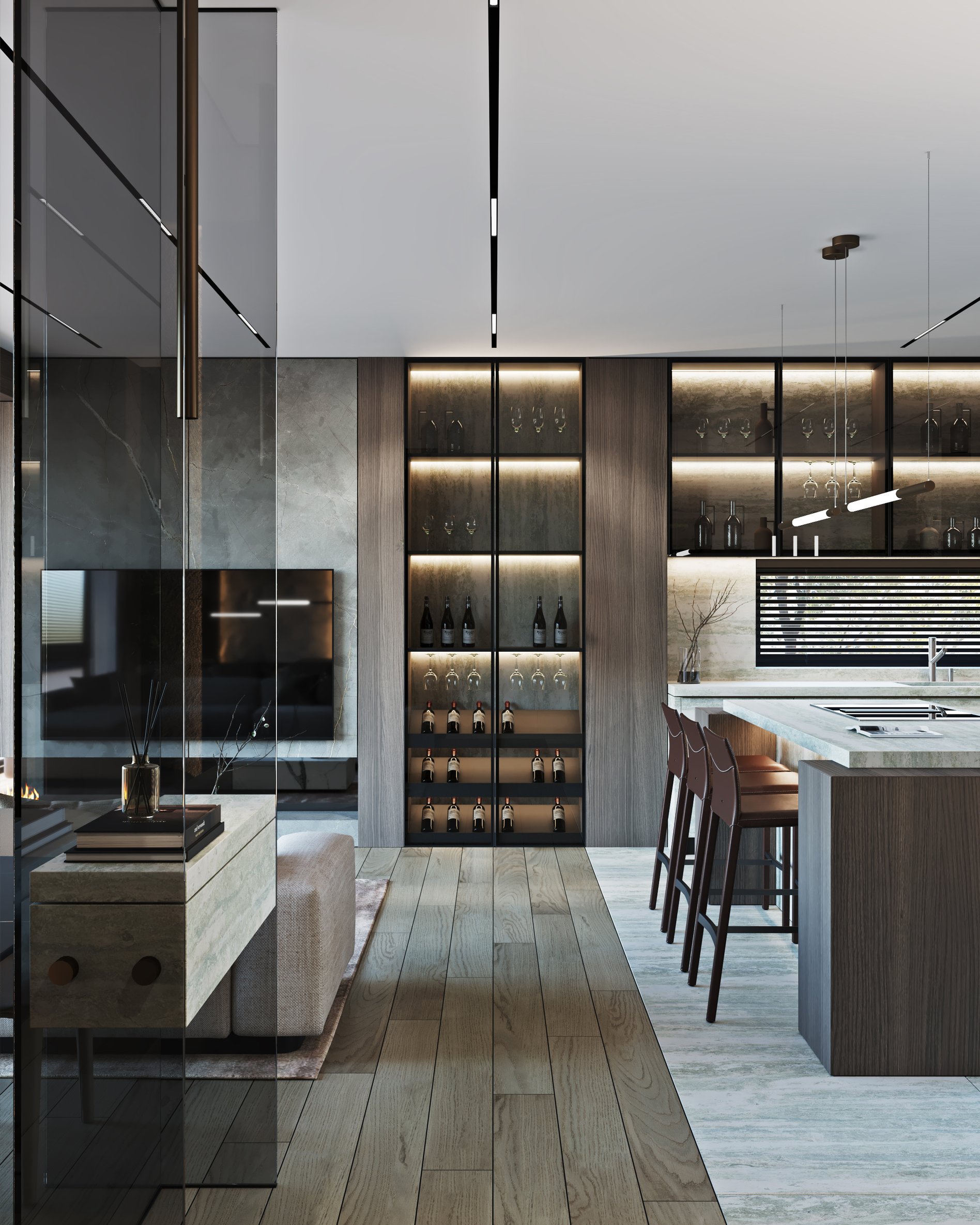 Kitchen detail showing marble countertops, wooden cabinetry, and integrated appliances.