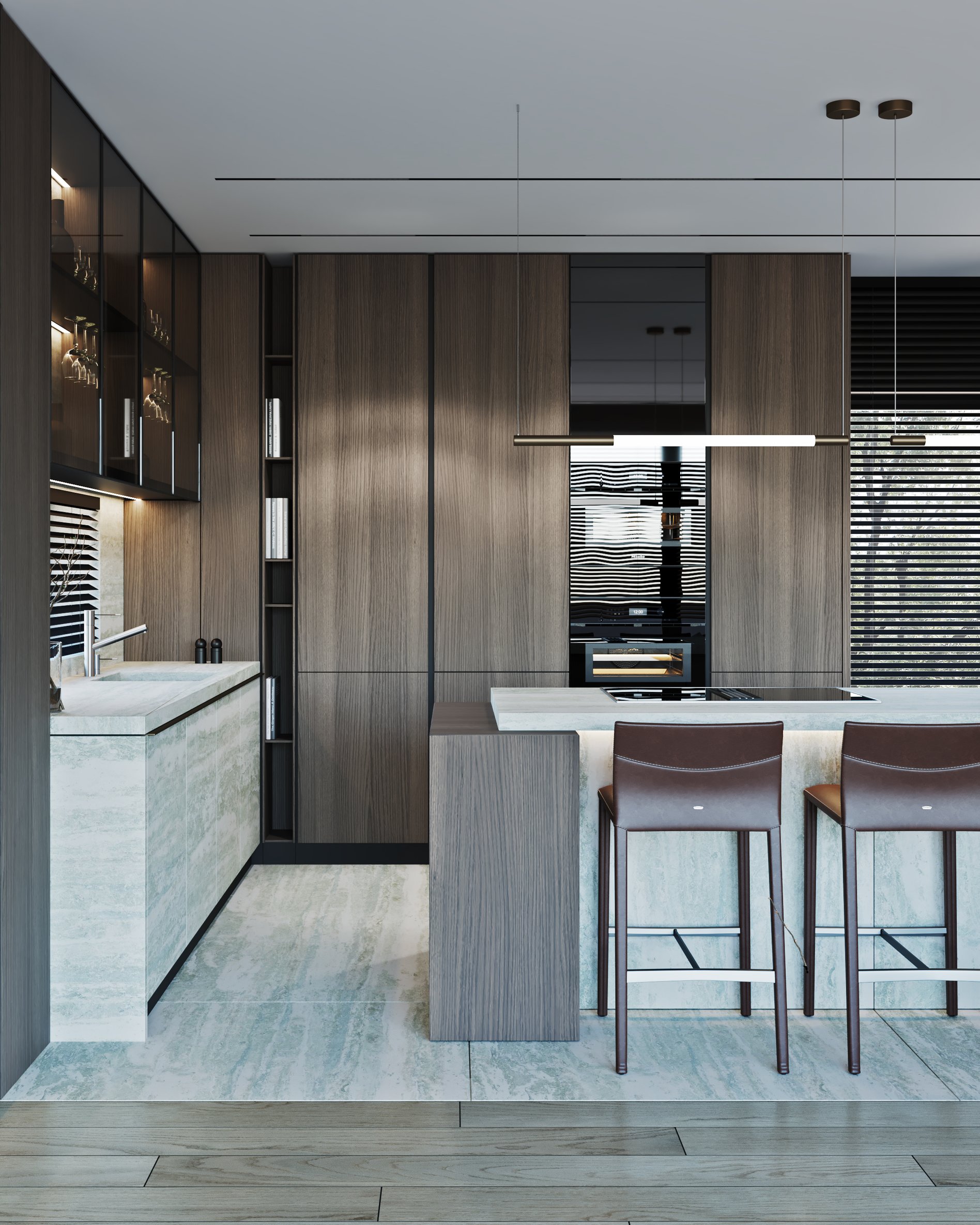 Illuminated wine display with glass shelving, integrated lighting, and wooden paneling.