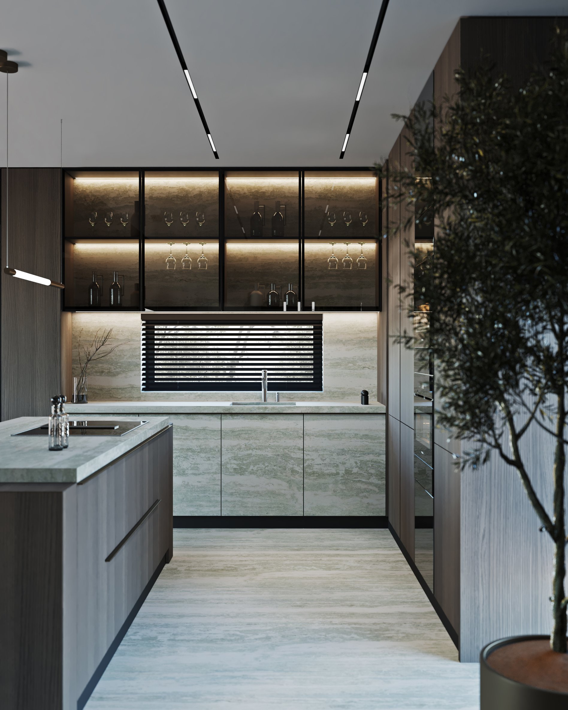 Modern kitchen detail showcasing illuminated glass wine storage, linear lighting, and marble countertops with wooden cabinetry.