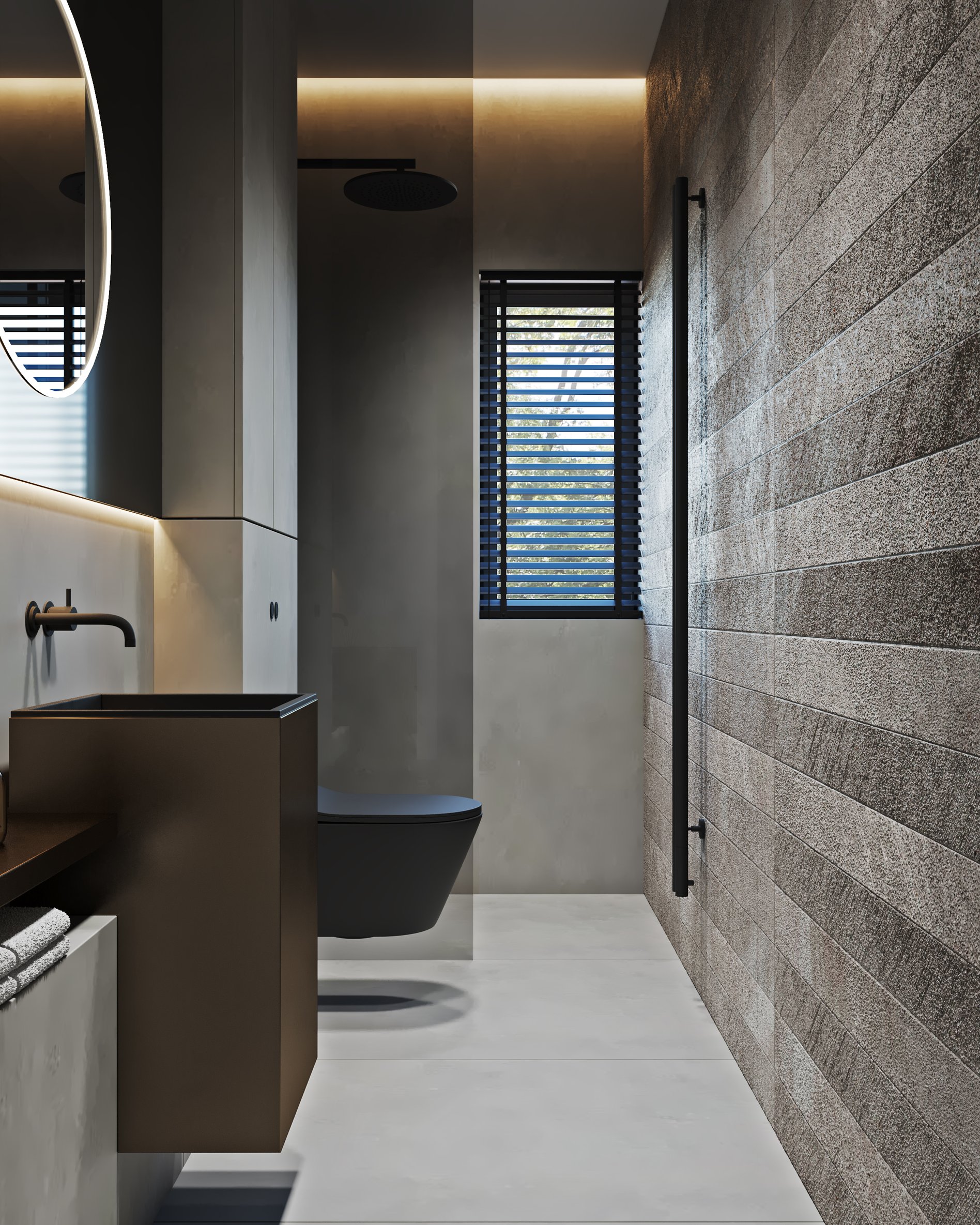 Contemporary bathroom with textured stone wall, black fixtures, and floor-to-ceiling window with venetian blinds.