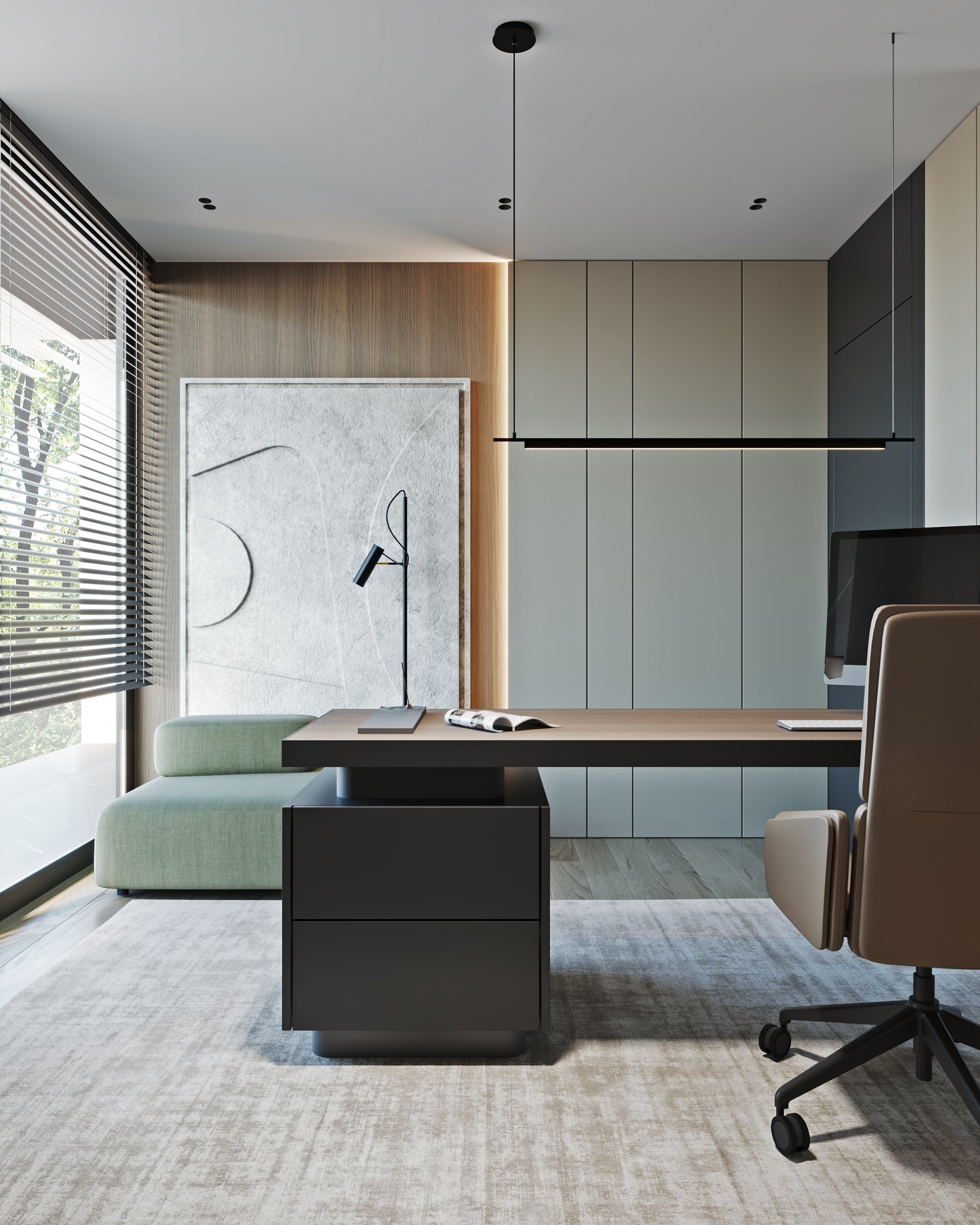 Minimalist office featuring floating desk, mint lounge seating, and textured wall art with linear pendant light.