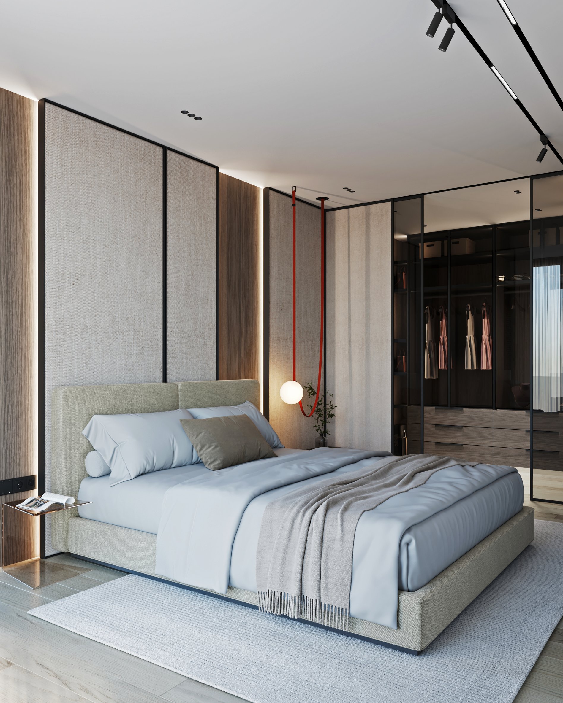 Modern bedroom with walk-in closet view, featuring upholstered bed and glass-enclosed wardrobe.