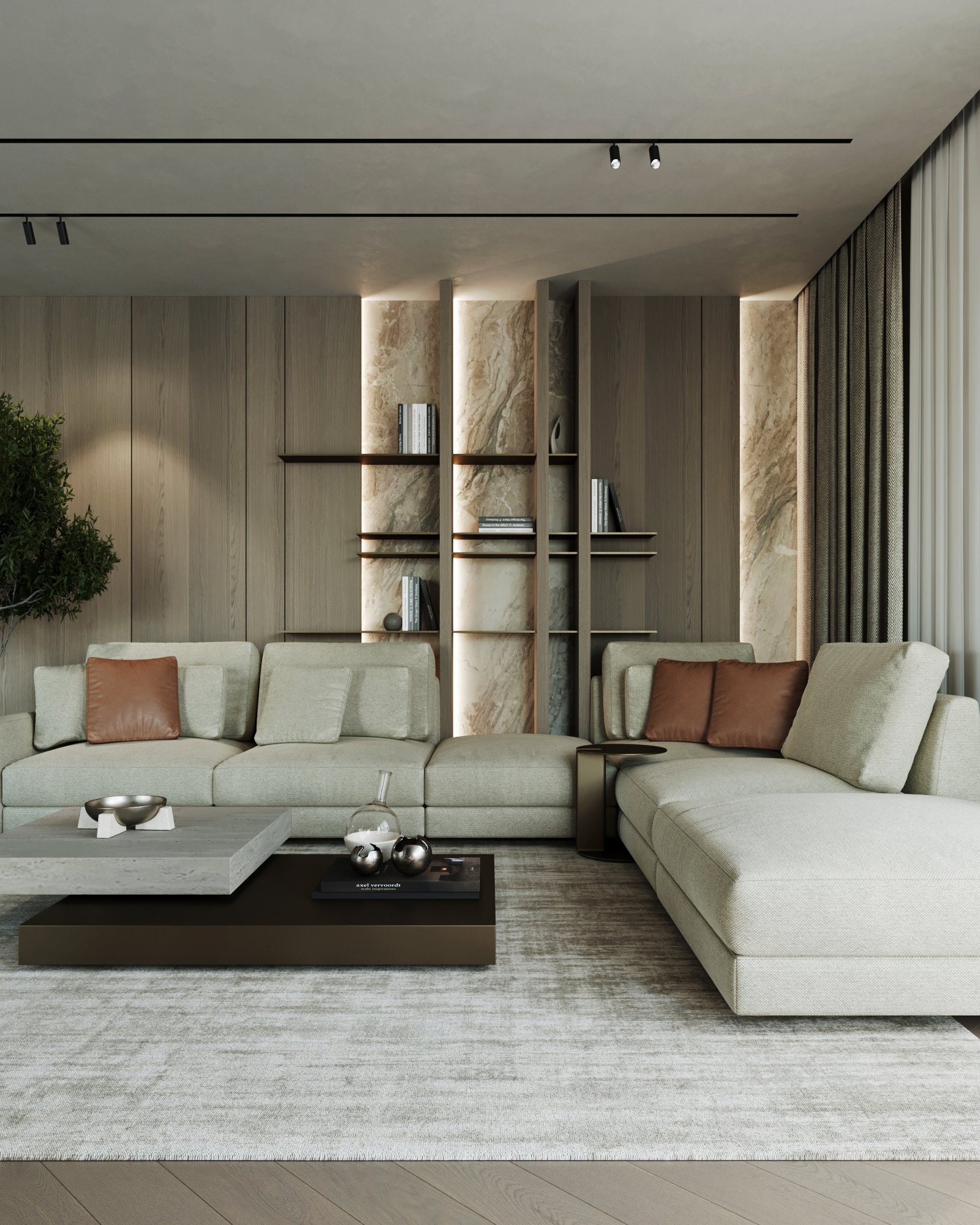 Detailed view of modern living room with geometric coffee table, built-in shelving, and indoor plants.