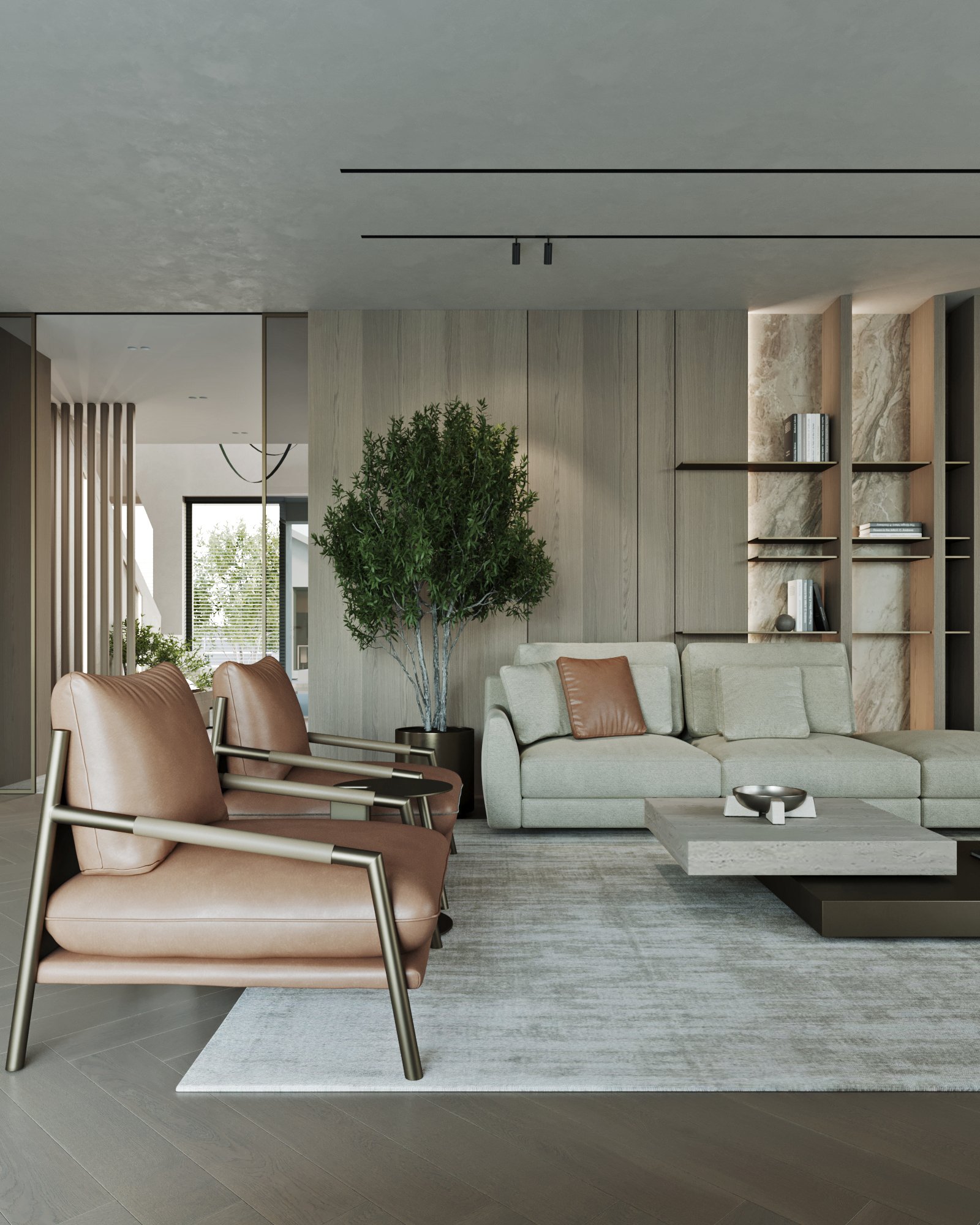 Detailed view of modern living room with geometric coffee table, built-in shelving, and indoor plants.