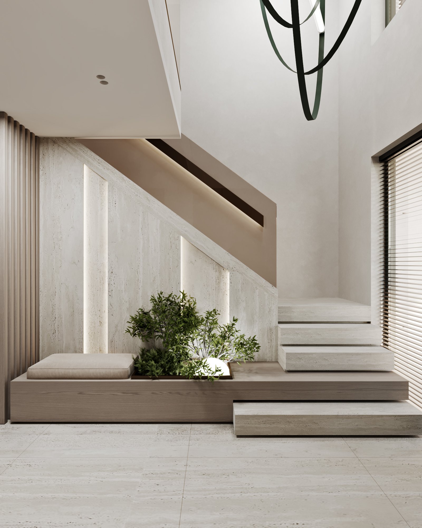 Minimalist entrance featuring illuminated marble wall panels, built-in seating, and indoor greenery.