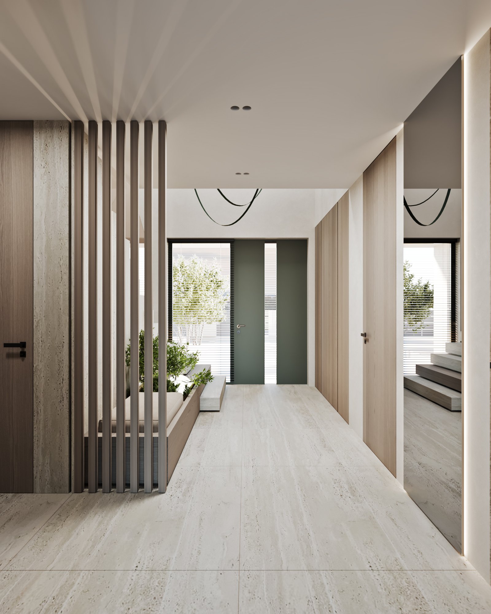 Modern hallway with wooden slat divider, built-in planters, and white marble flooring.