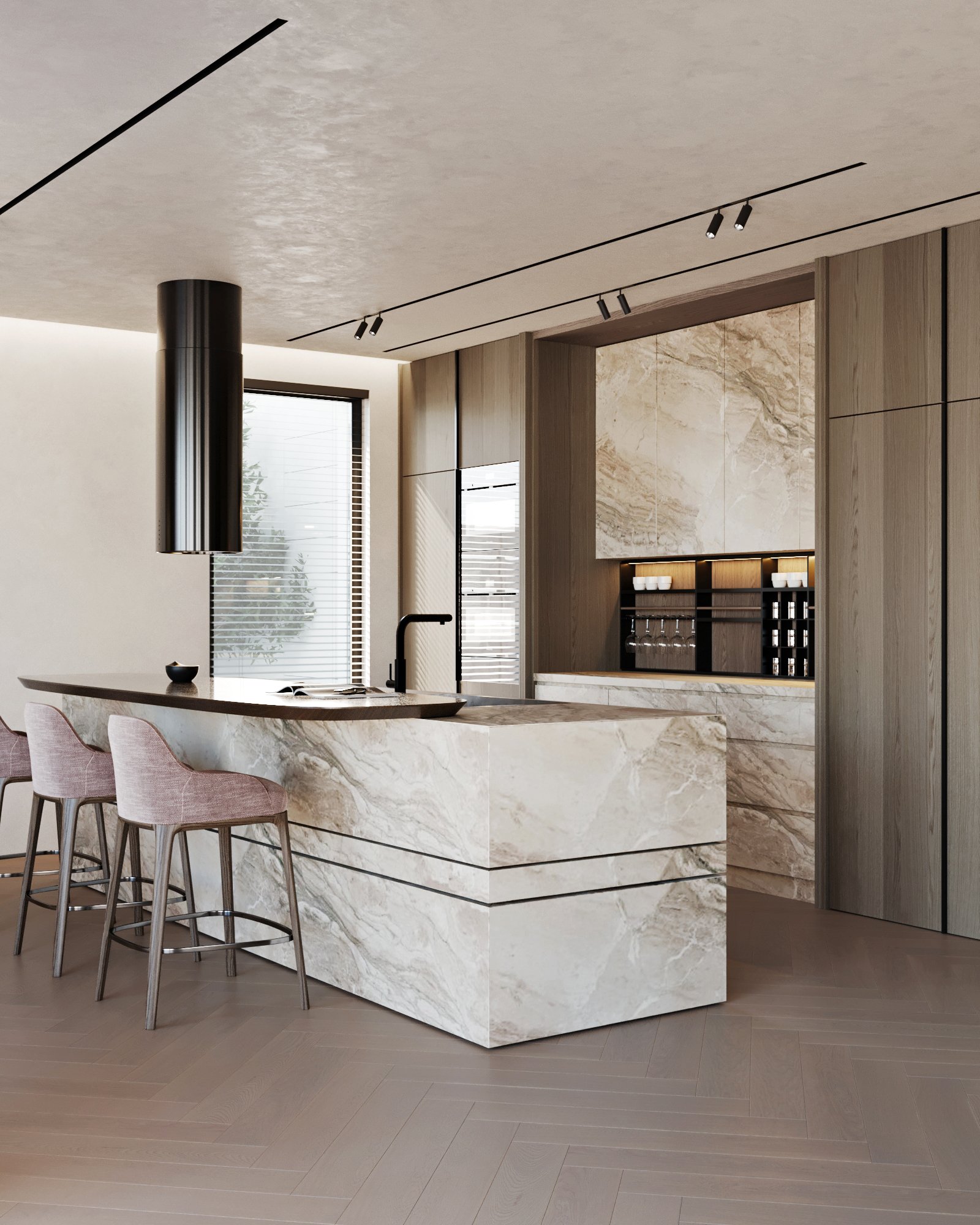 Contemporary kitchen featuring dramatic marble island, blush bar stools, and black cylindrical hood.