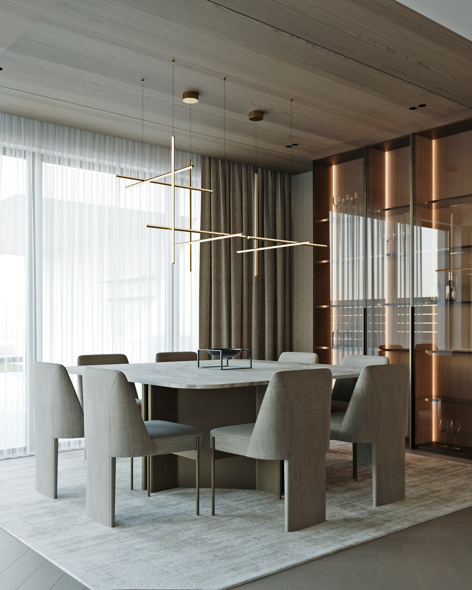 Elegant dining area with sculptural brass lighting, upholstered chairs, and glass wine display.