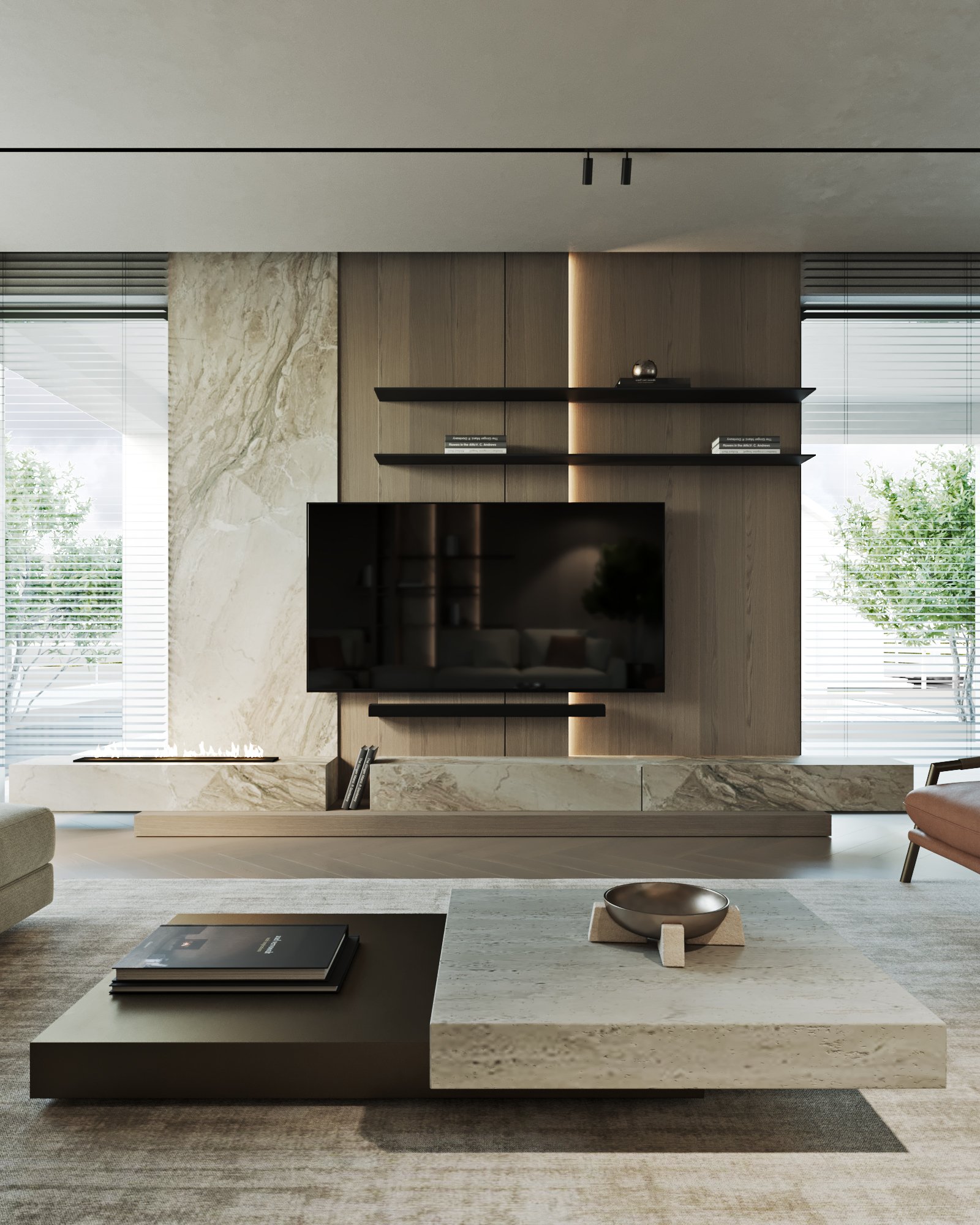Modern living room media wall with floating fireplace, marble panels, and minimalist shelving.