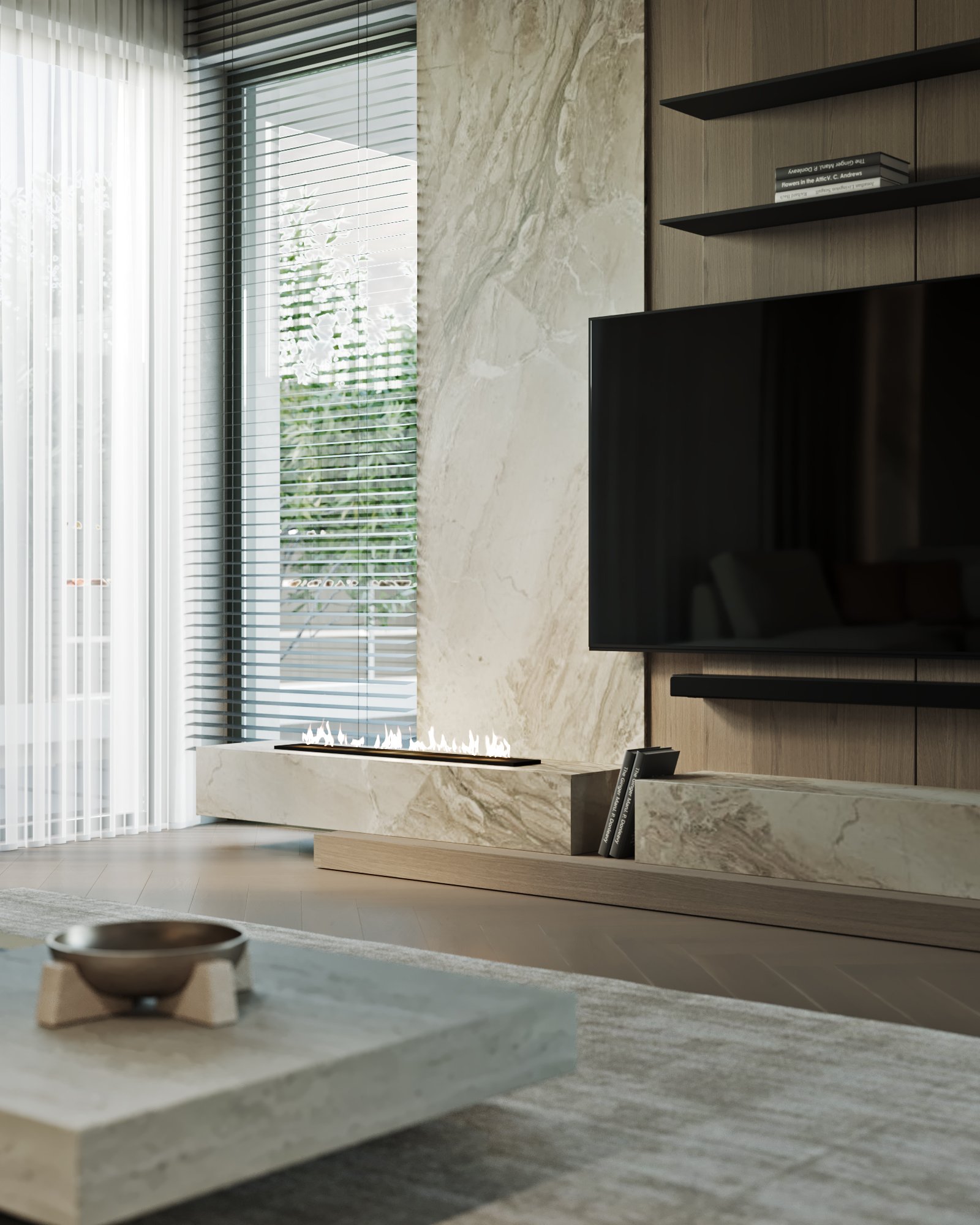 Detail of linear fireplace integrated into marble media wall with hidden storage.