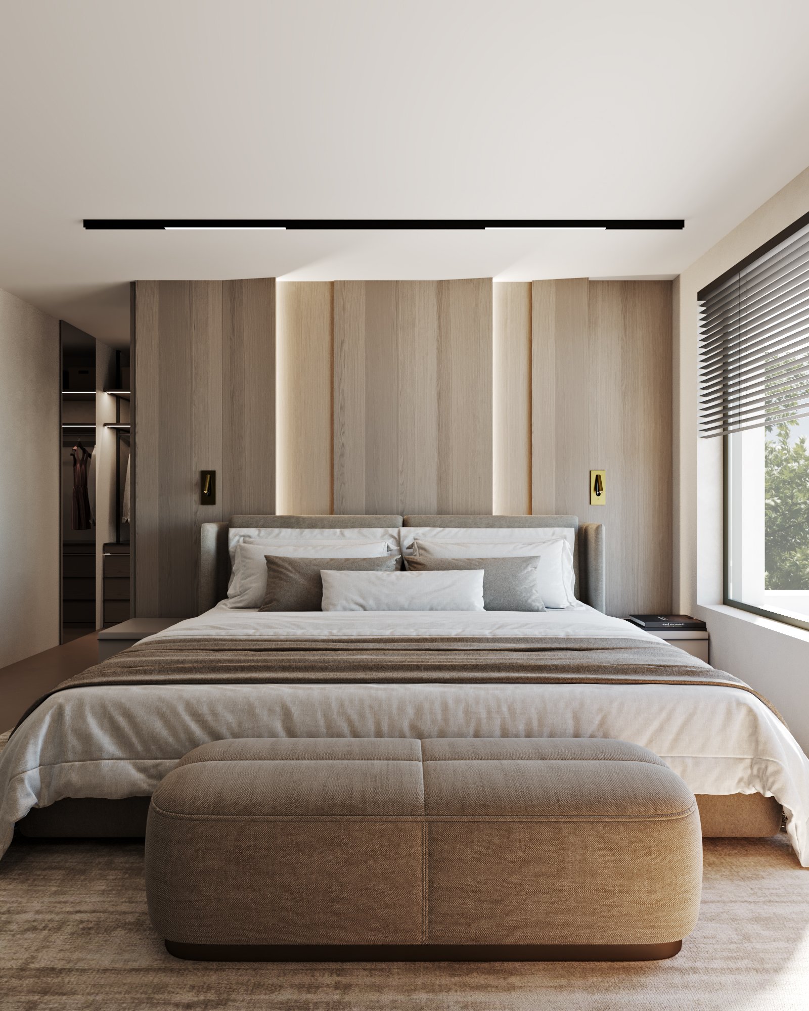 Serene master bedroom with wooden wall panels, integrated lighting, and walk-in closet.