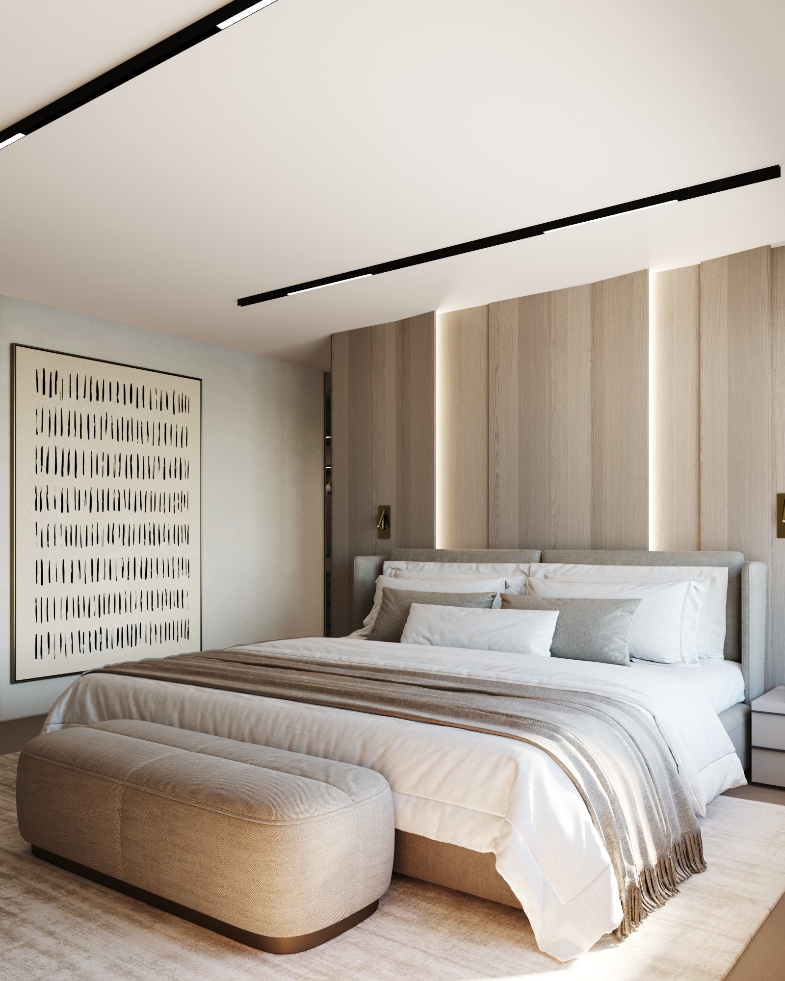 Master bedroom featuring minimalist abstract line art, upholstered bed with beige ottoman, and integrated LED lighting.