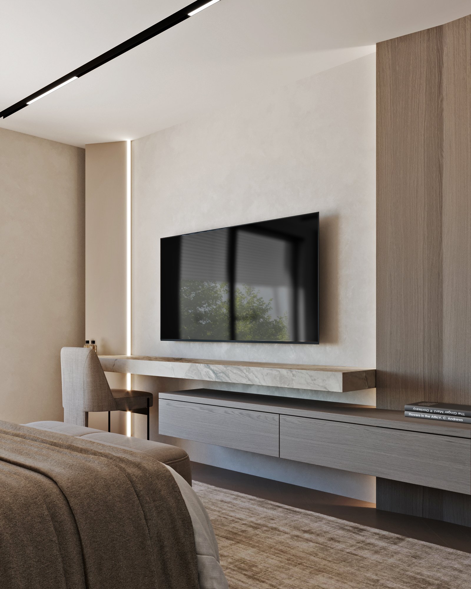 Bedroom media wall with floating marble shelf, wall-mounted TV, and integrated storage drawers with ambient lighting.