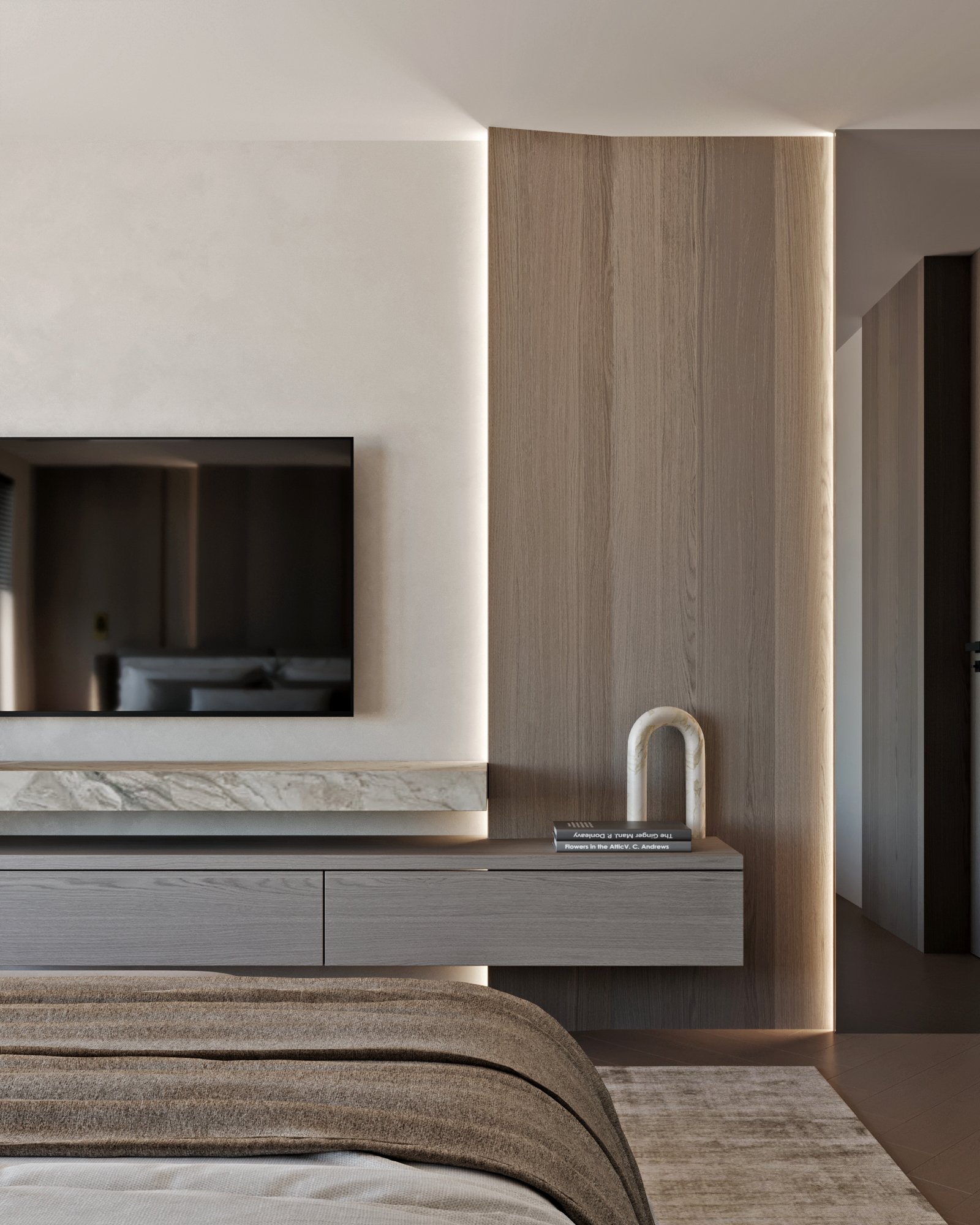 Detail of bedroom featuring marble shelf, wooden wall panels with integrated lighting, and decorative marble arch.
