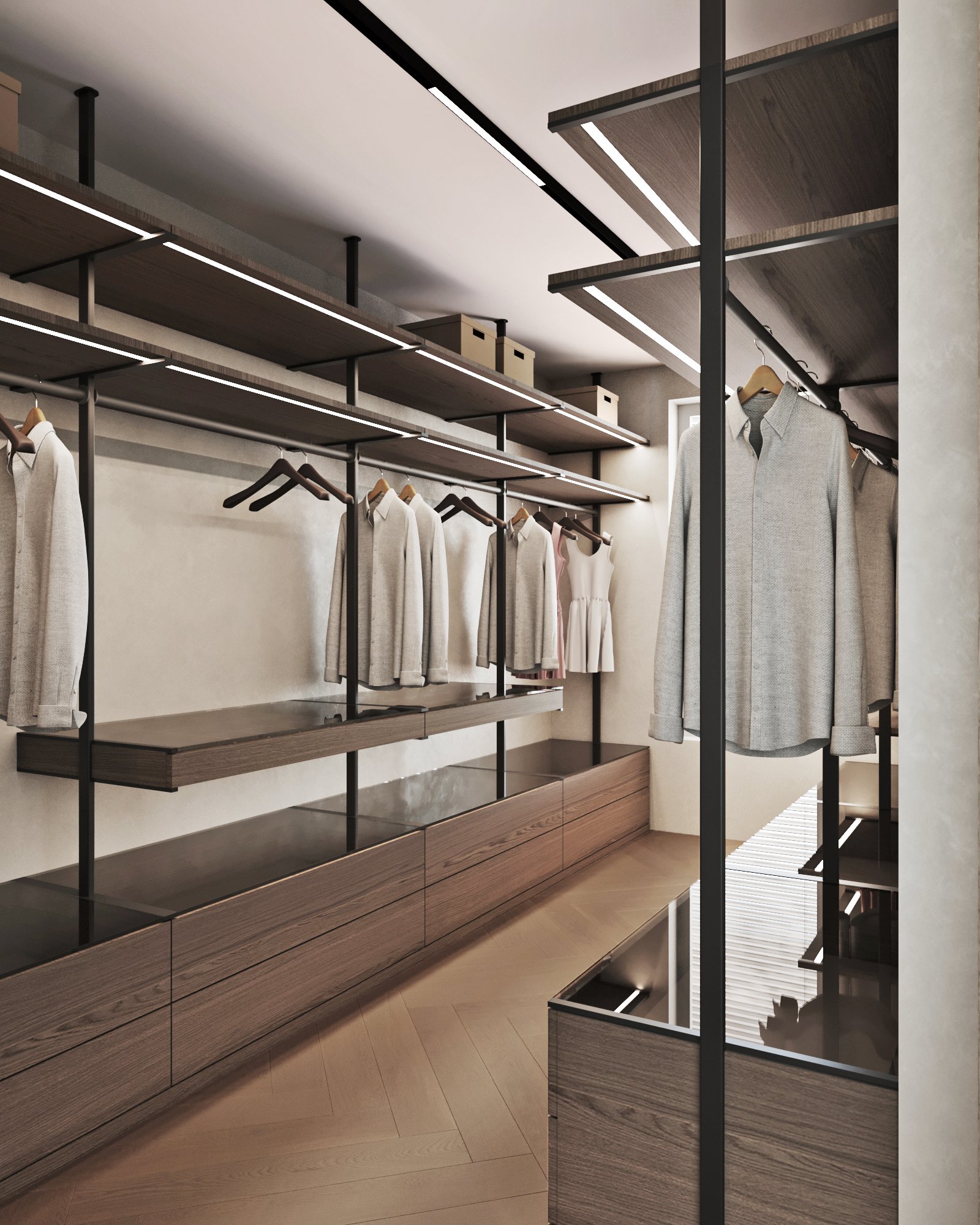 Modern walk-in closet with LED lighting, floating shelves, wooden drawers and black metal hanging system.