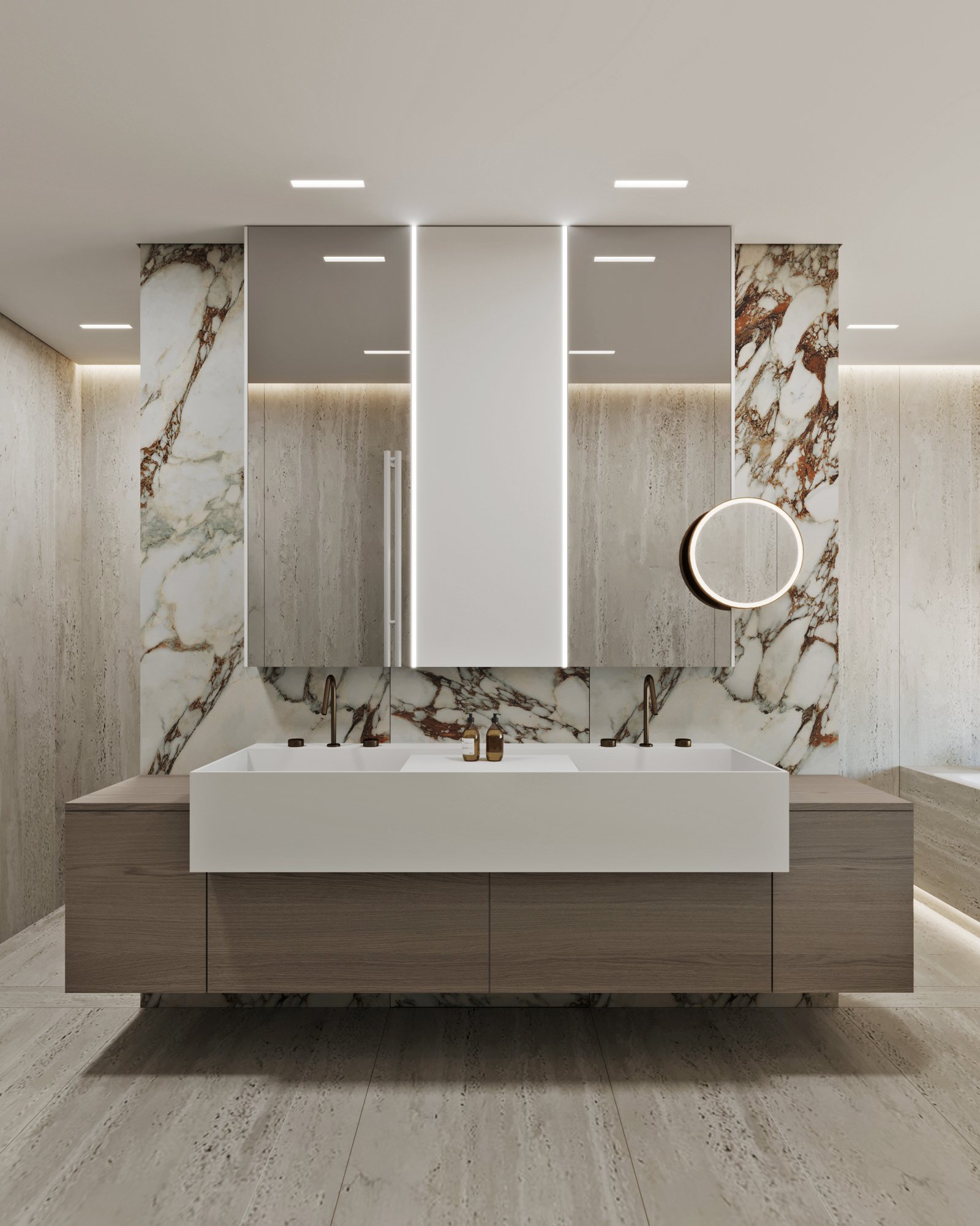Luxury master bathroom with floating double vanity, dramatic marble walls, and LED-illuminated mirrors.
