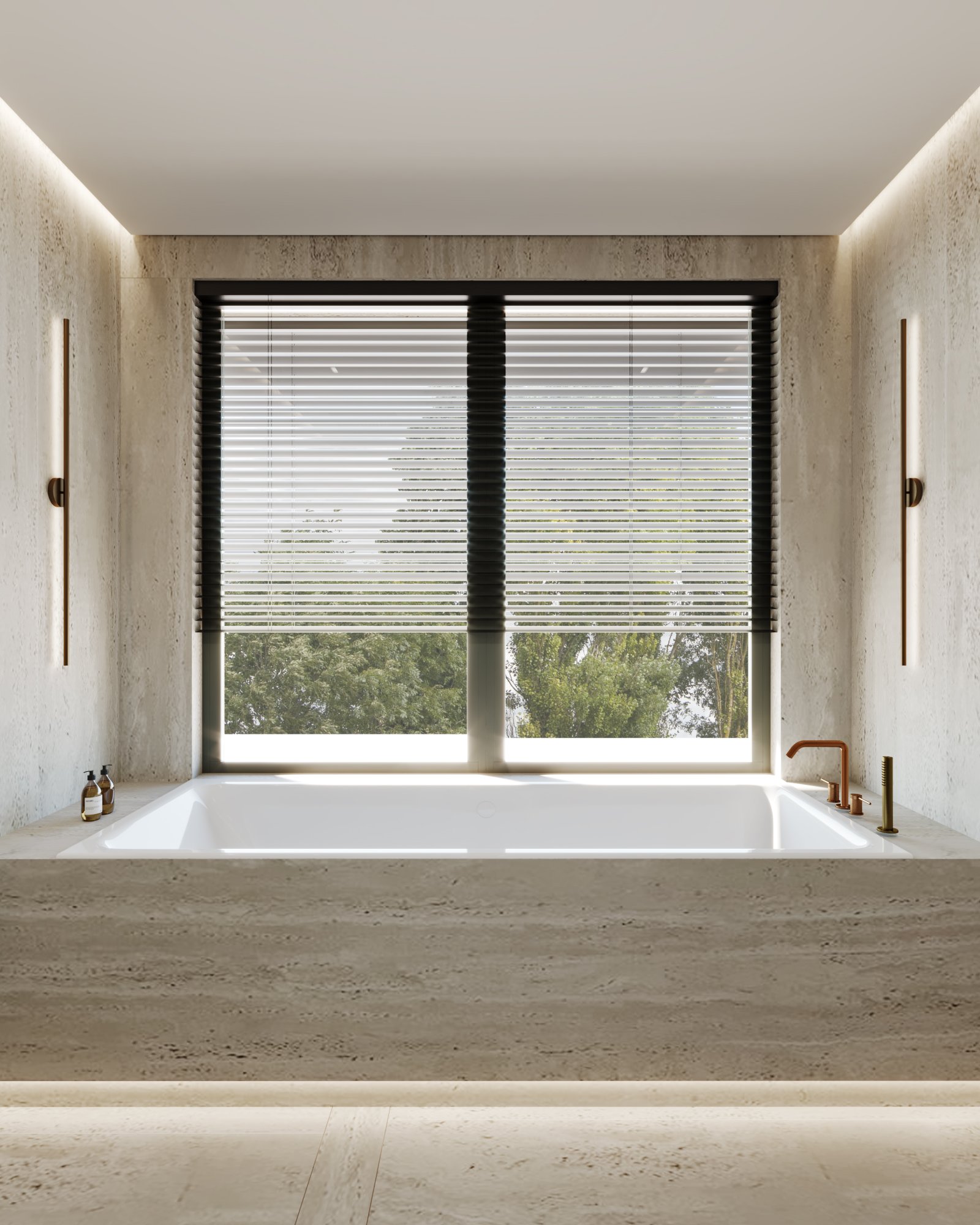 Minimalist master bathroom featuring built-in bathtub, floor-to-ceiling window with blinds, and bronze fixtures.