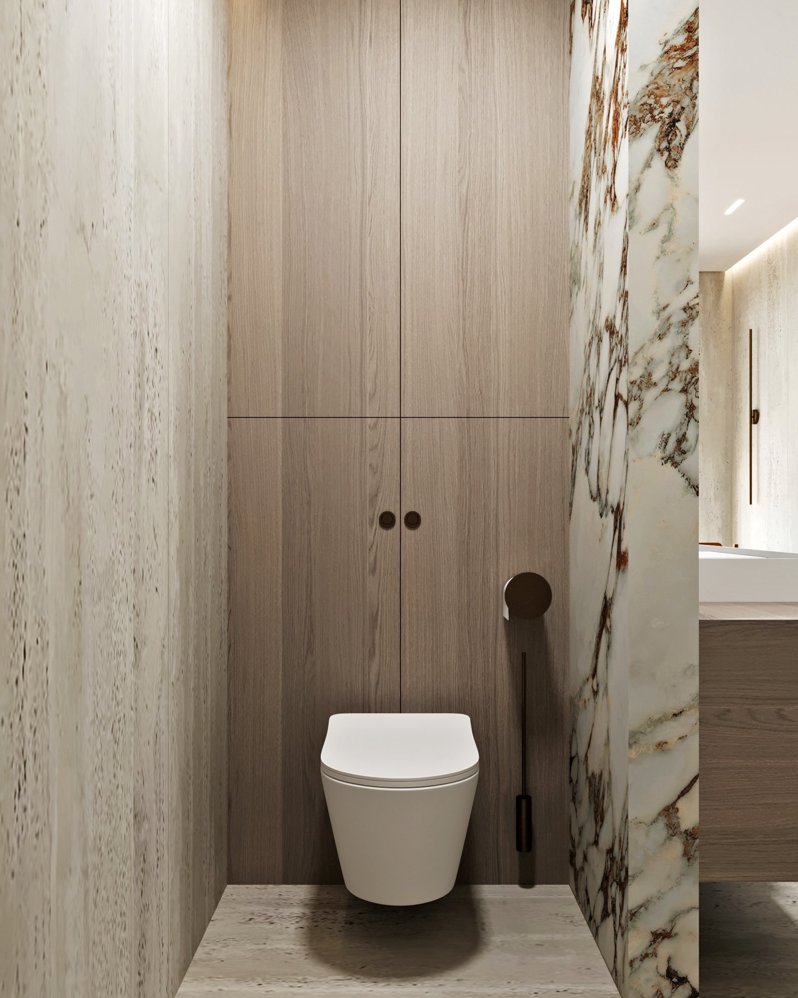Modern powder room with wall-mounted toilet, wooden panels, and dramatic marble accent wall.