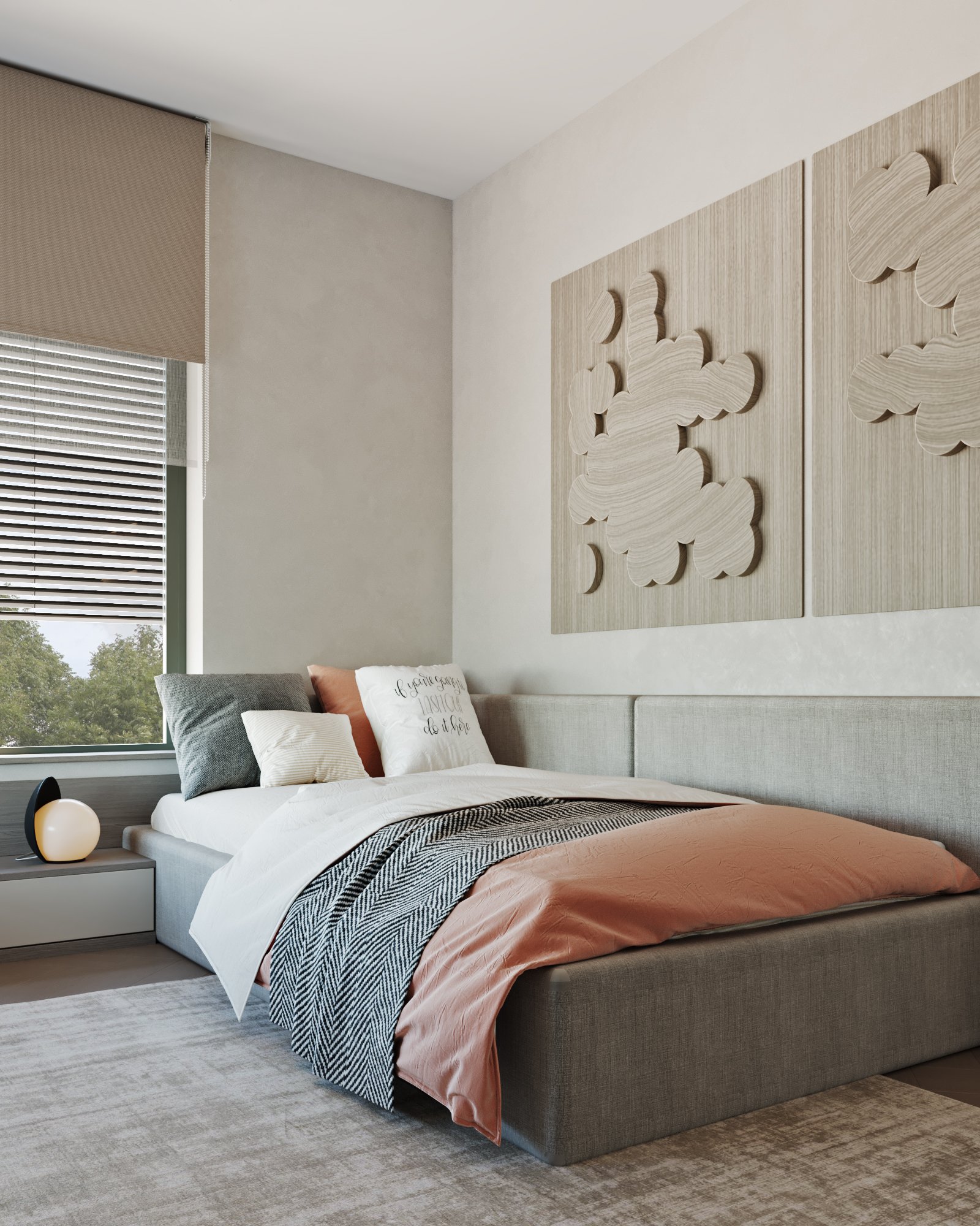 Contemporary kids bedroom with upholstered bed, wooden cloud wall art, and coral and grey color scheme.