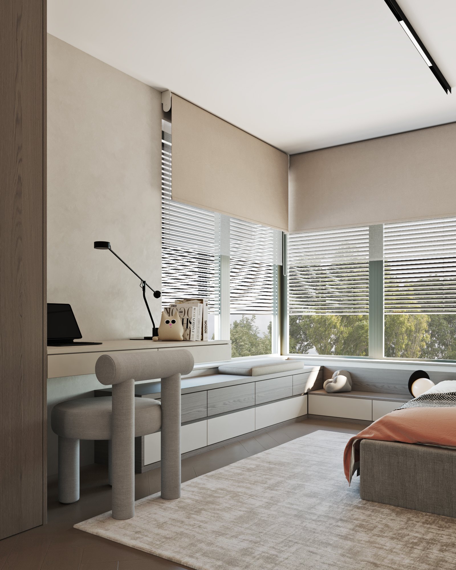 Modern kids bedroom study area featuring built-in desk with storage drawers, sculptural grey chair, adjustable task lamp, and corner window seat with panoramic views.