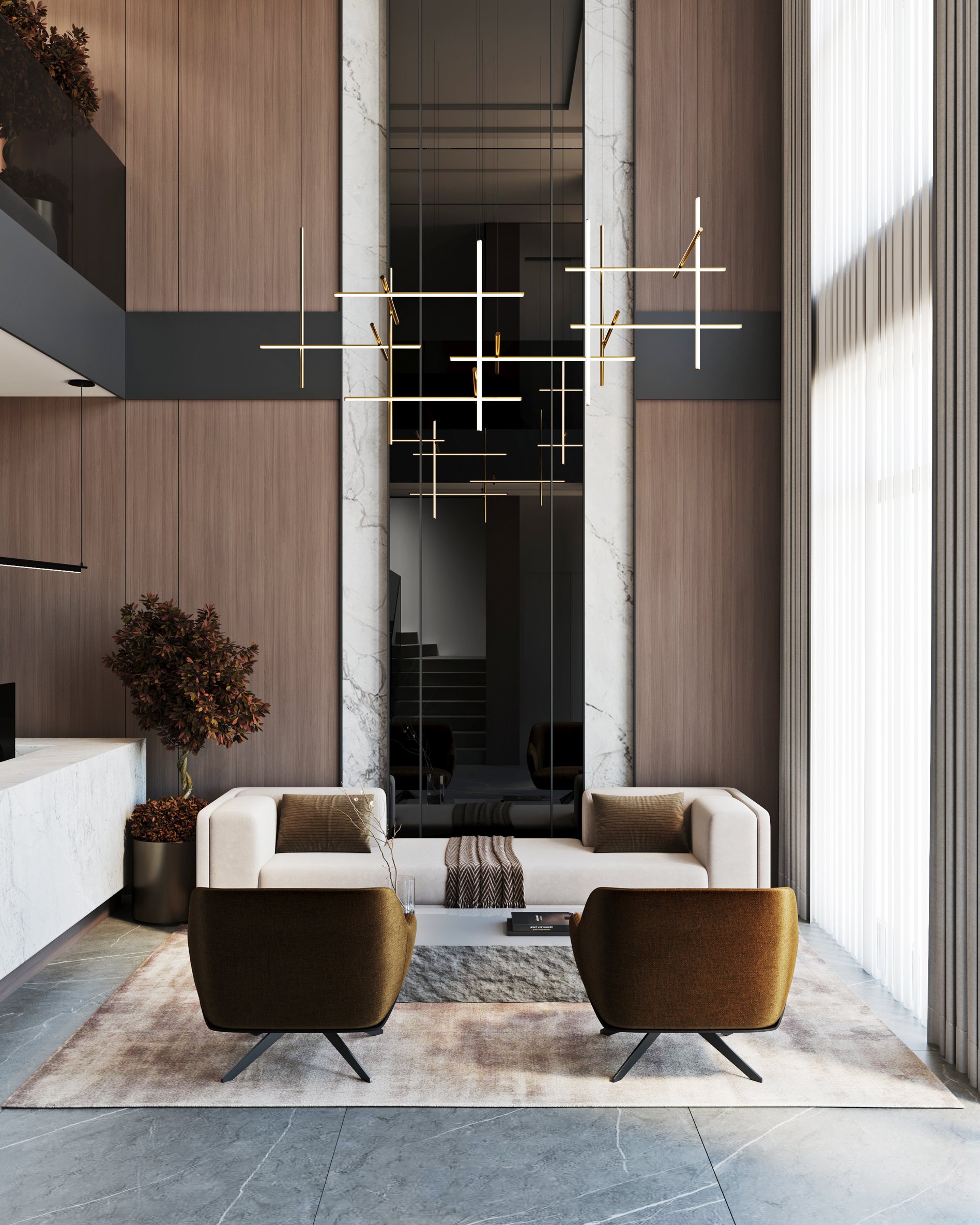 Modern hotel lobby featuring sculptural LED lighting installation, white marble reception desk, and contemporary seating area.