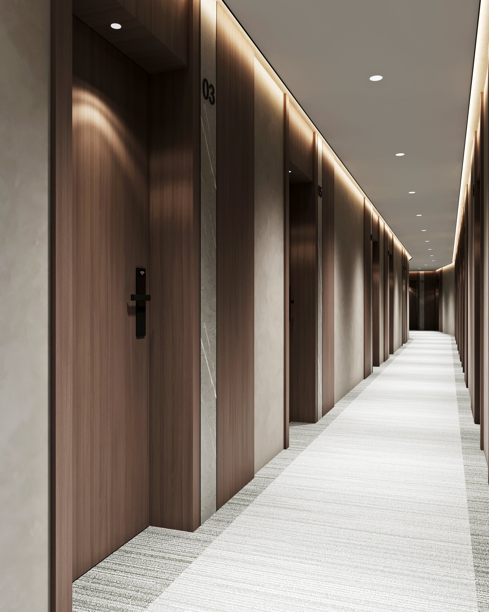 Elegant hotel room corridor with wooden doors, marble accents, and smart lock systems.