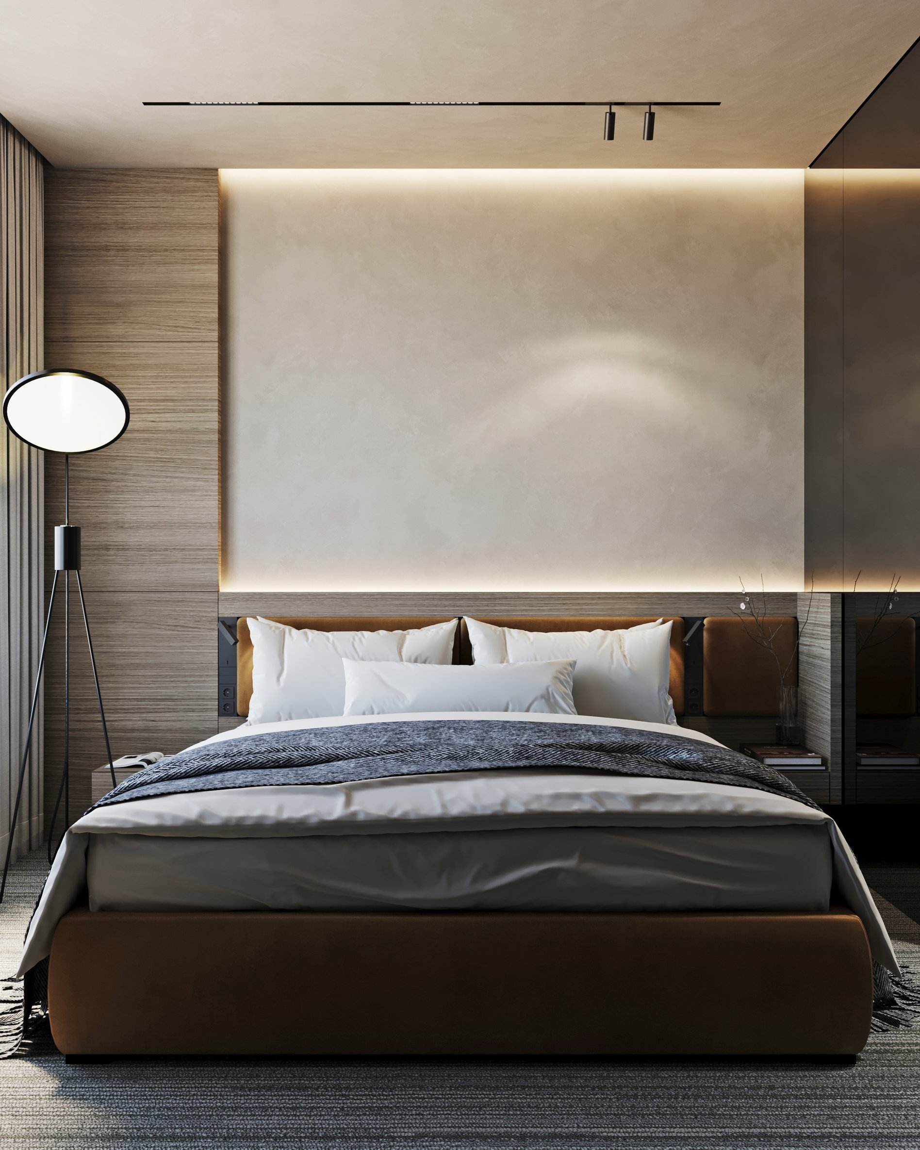 Contemporary hotel room featuring platform bed, ambient lighting, and minimalist design elements.