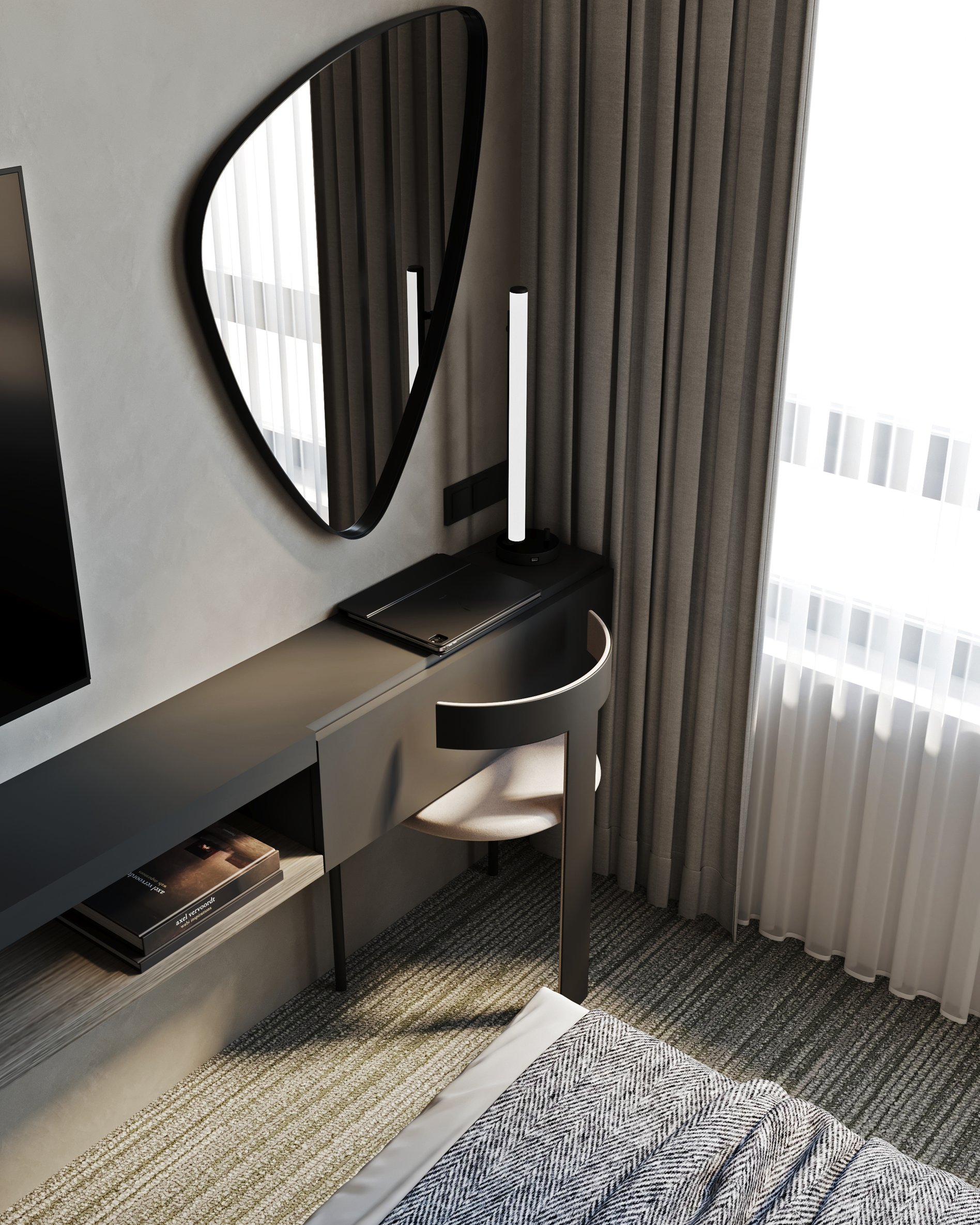 Close-up of hotel room workspace featuring geometric mirror, LED task lighting, and designer chair with textured fabric.