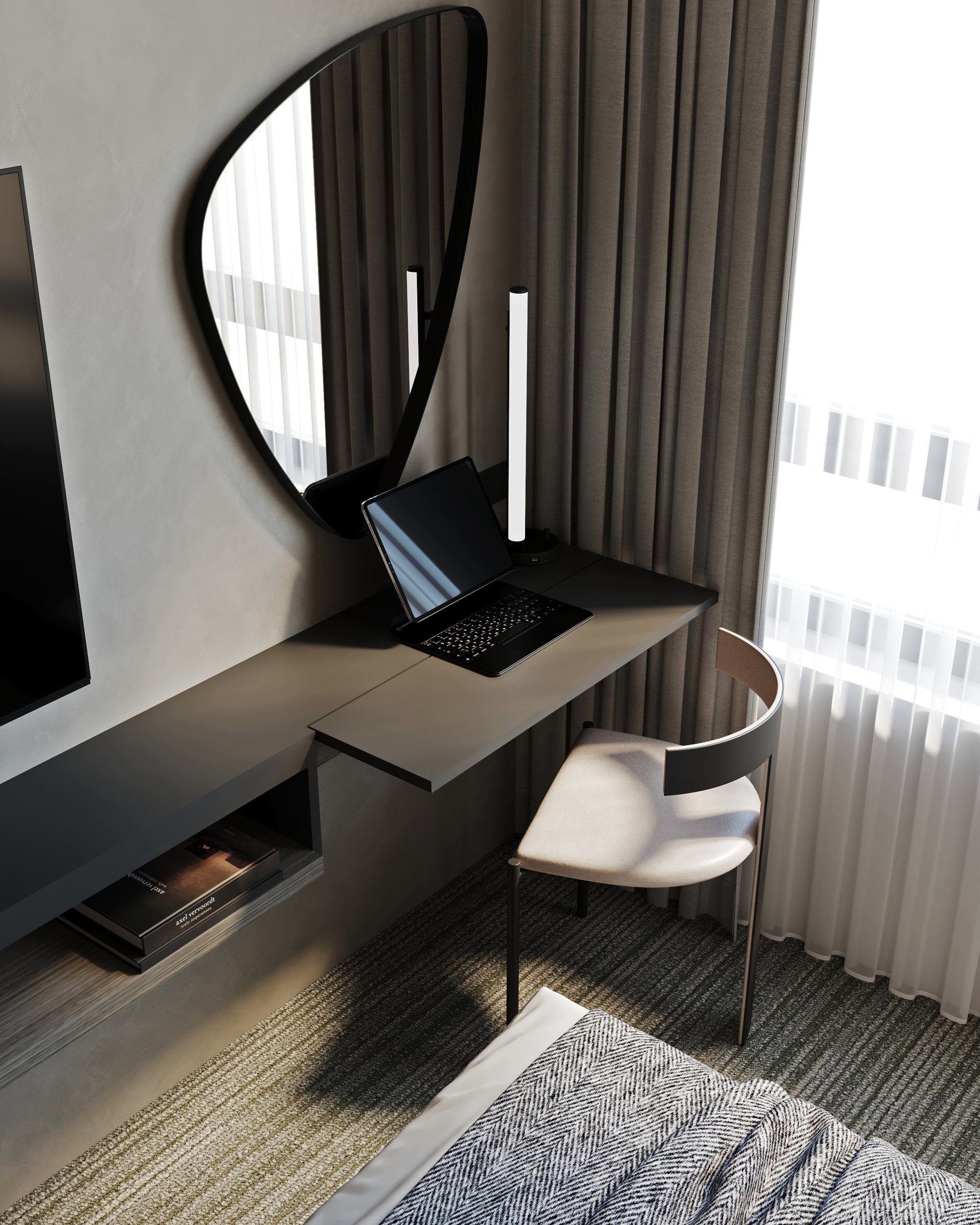 Hotel room desk area with laptop setup, minimalist LED lighting, and contemporary workspace design.