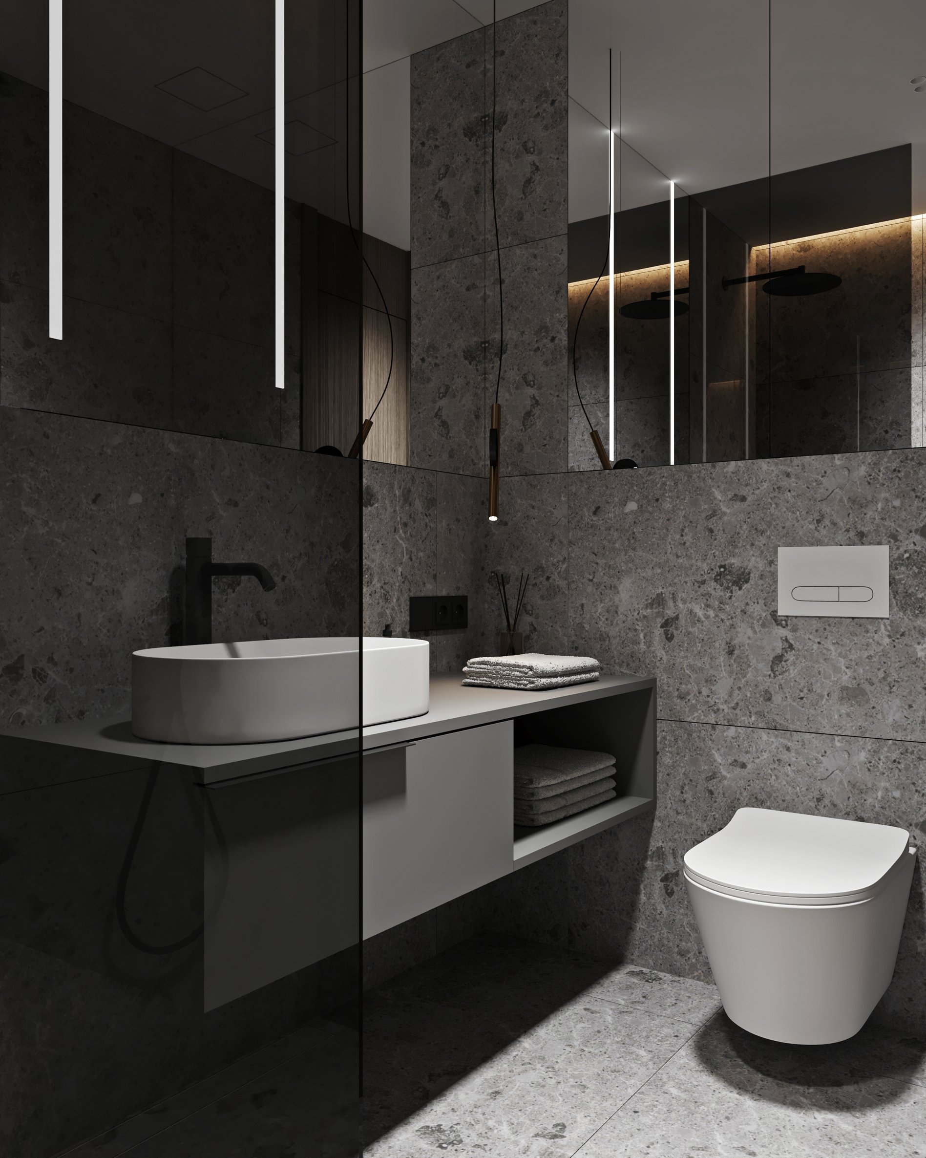 Contemporary hotel bathroom featuring vertical LED lighting, floating vanity, and integrated storage solutions.
