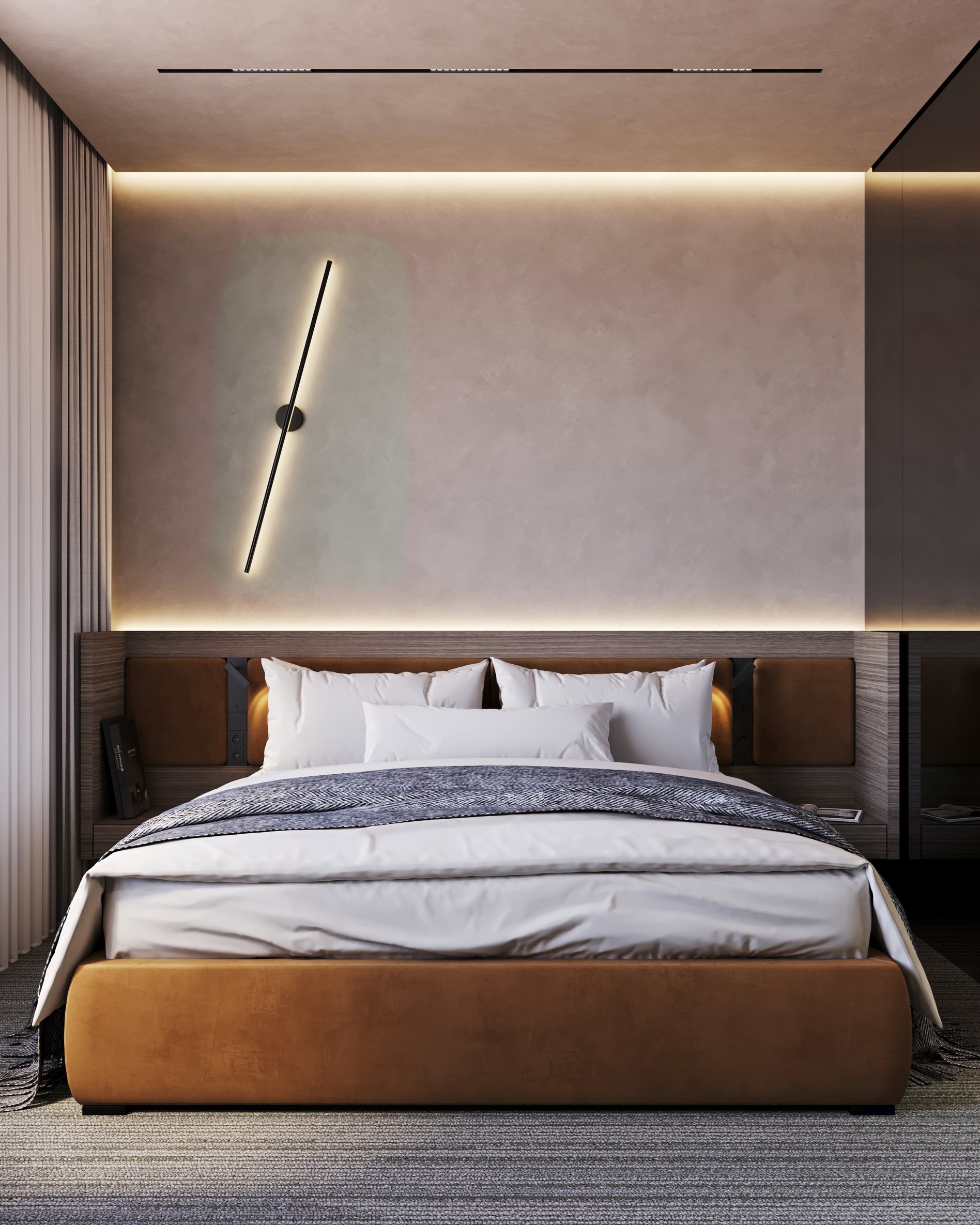Hotel room featuring platform bed with leather headboard, diagonal LED wall light, and ambient ceiling lighting.