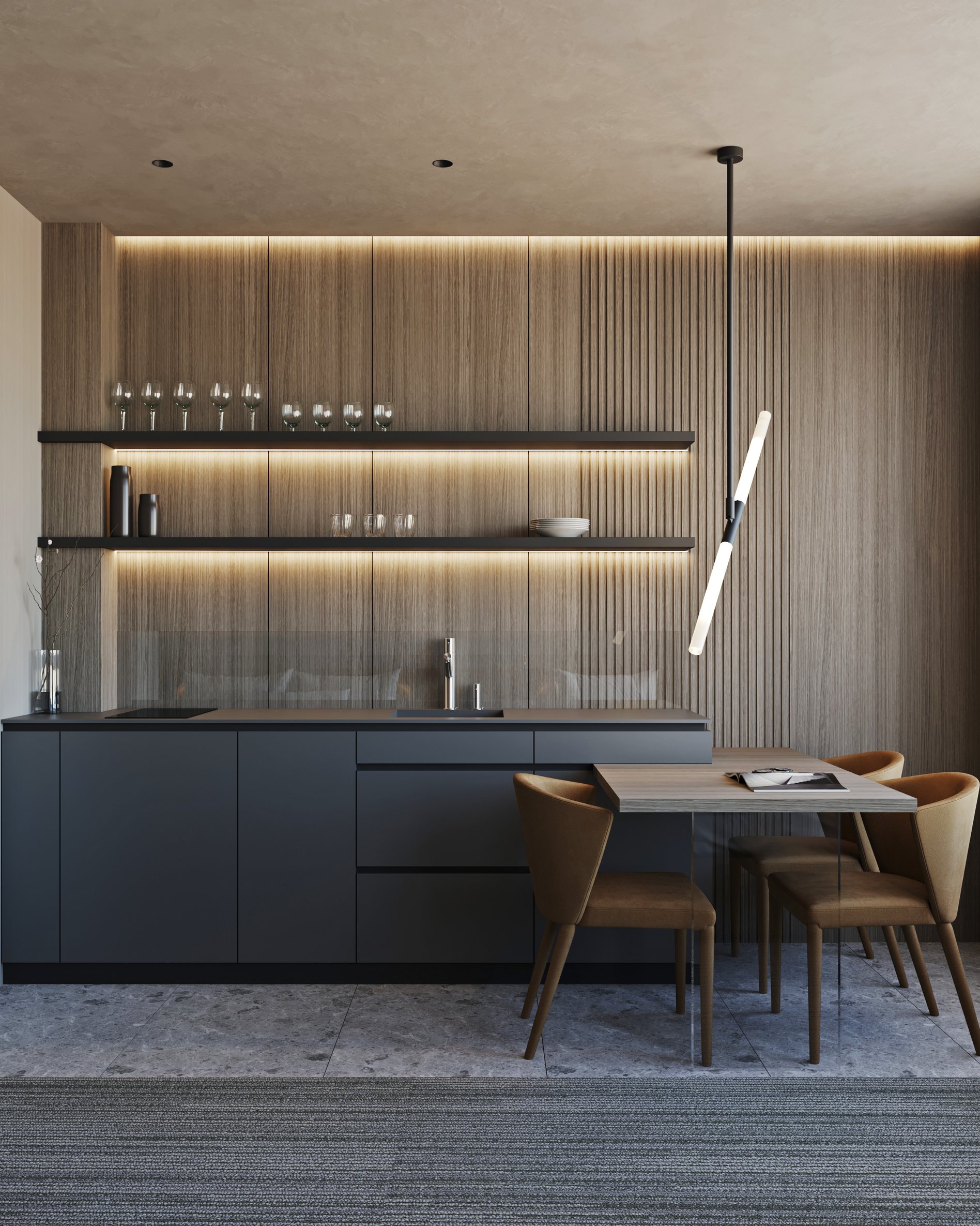 Modern hotel room kitchenette with backlit wooden panels, floating shelves, and integrated appliances.