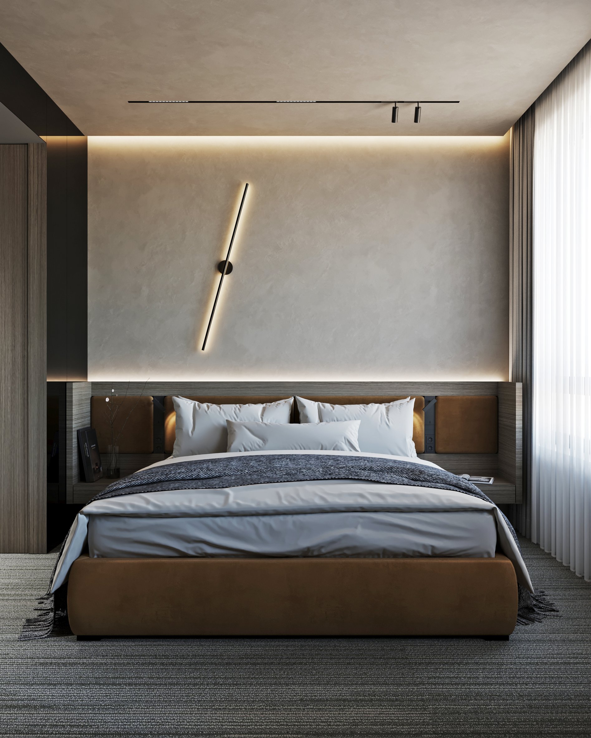 Hotel room featuring platform bed with leather frame, diagonal LED wall light, and ambient ceiling lighting.