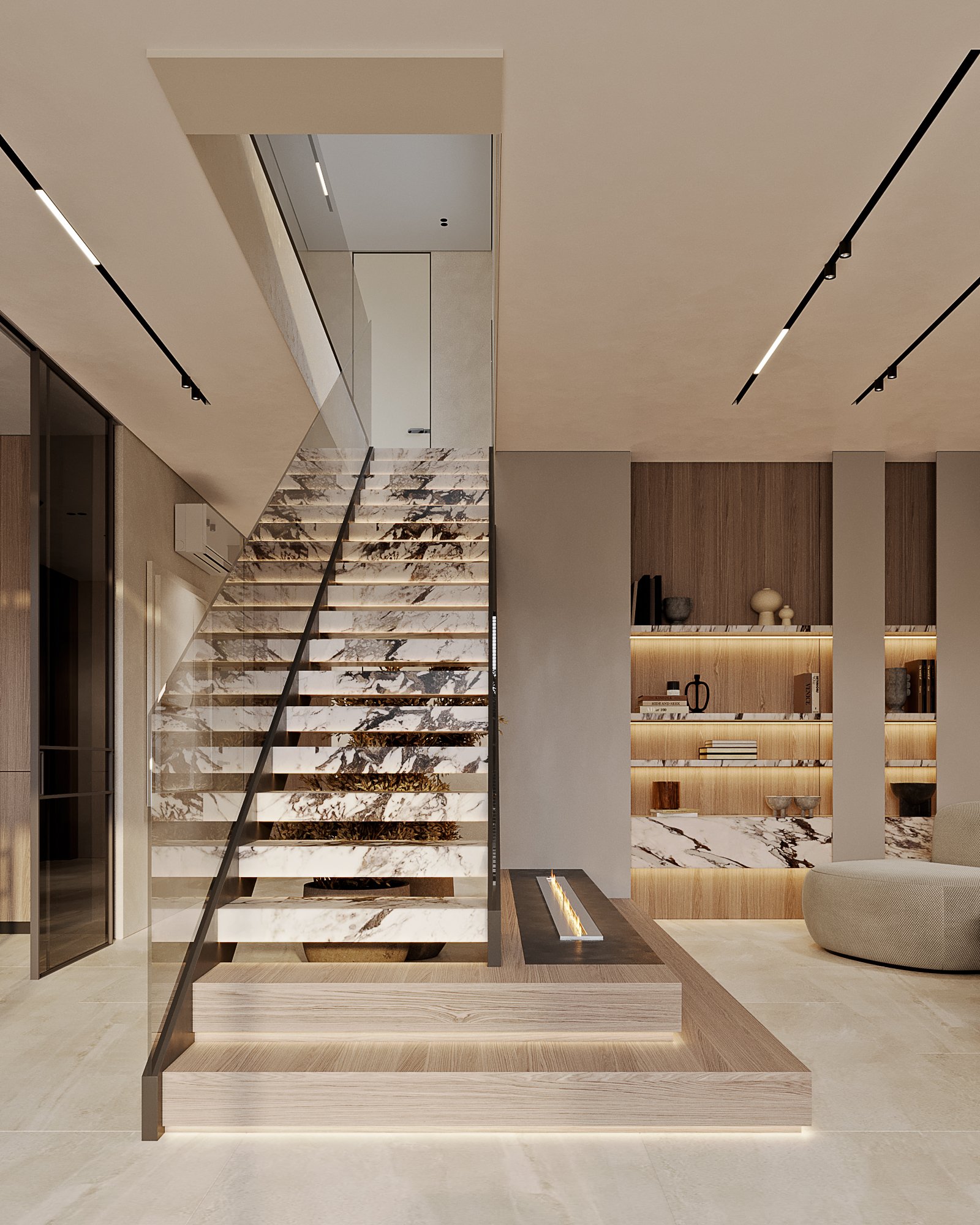 Modern living space with marble staircase, glass railing, illuminated shelving unit, and curved lounge chair.