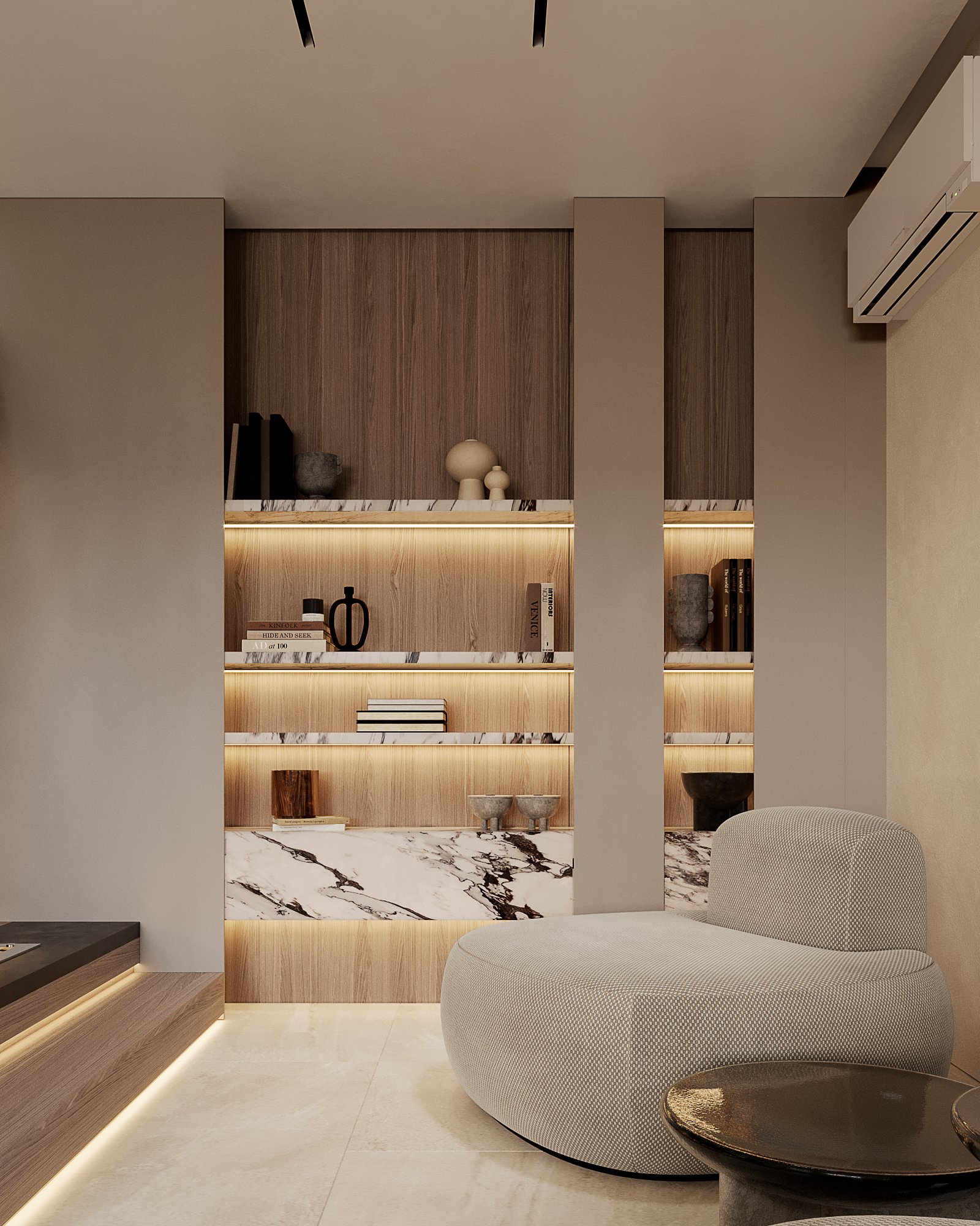 Contemporary living room with illuminated wooden shelving unit featuring marble accents and built-in ambient lighting.