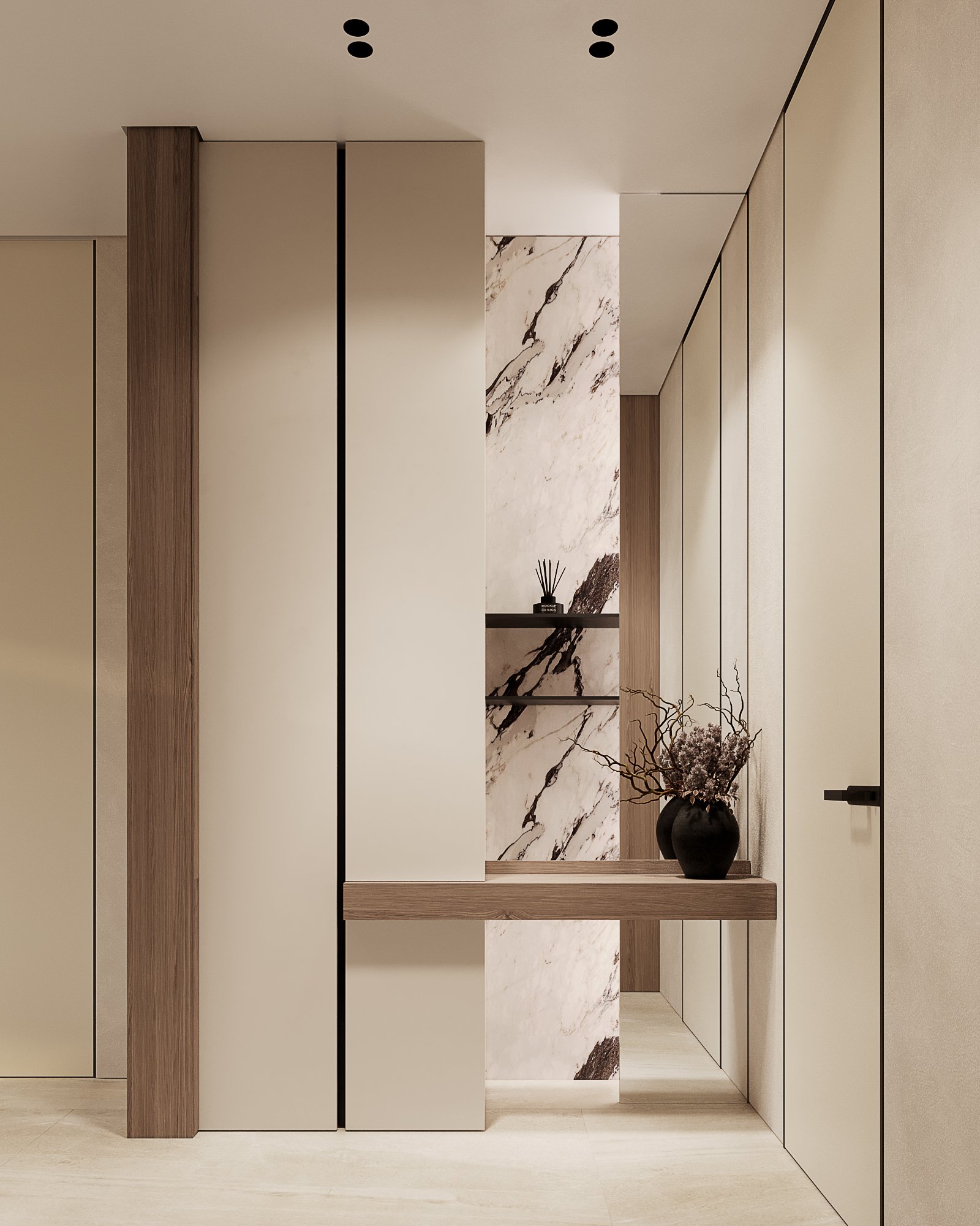 Modern hallway featuring white walls, wooden panels, marble accent wall, and floating wooden shelf with black vase.