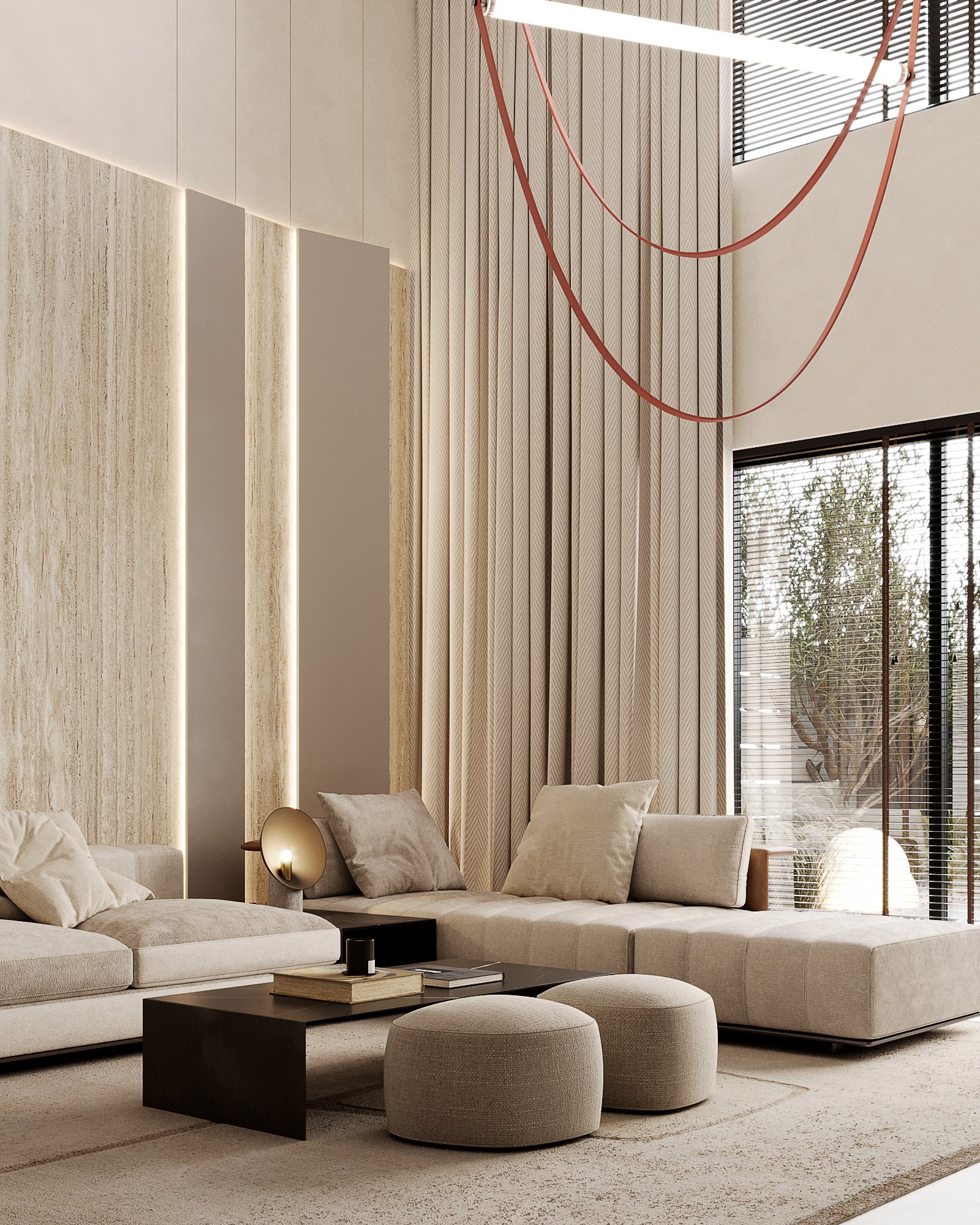 Contemporary living room with modular beige seating, round ottomans, black coffee table, and textured wall panels with LED lighting.