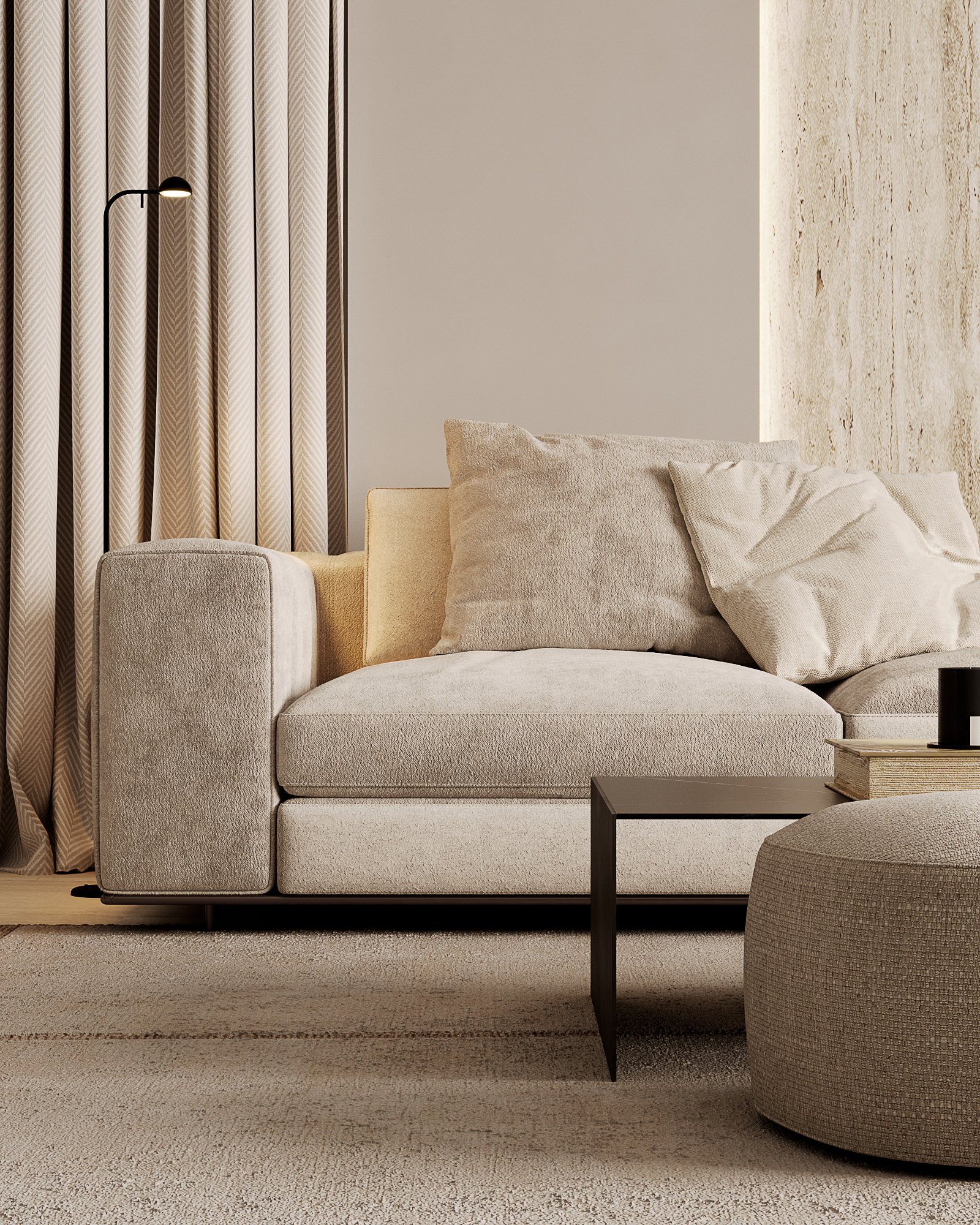 Detail of modern beige sofa with textured fabric, decorative pillows, and black floor lamp with pleated curtains.