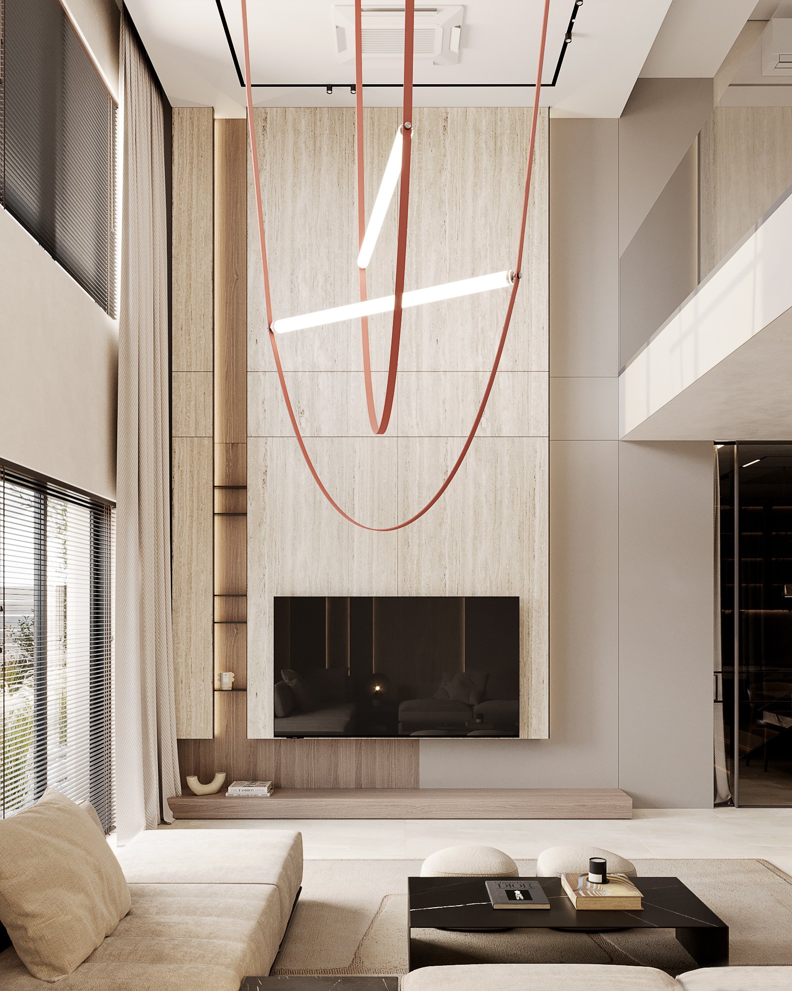 Double-height living room with sculptural red ceiling light, floor-to-ceiling windows, and wall-mounted TV with wooden panels.